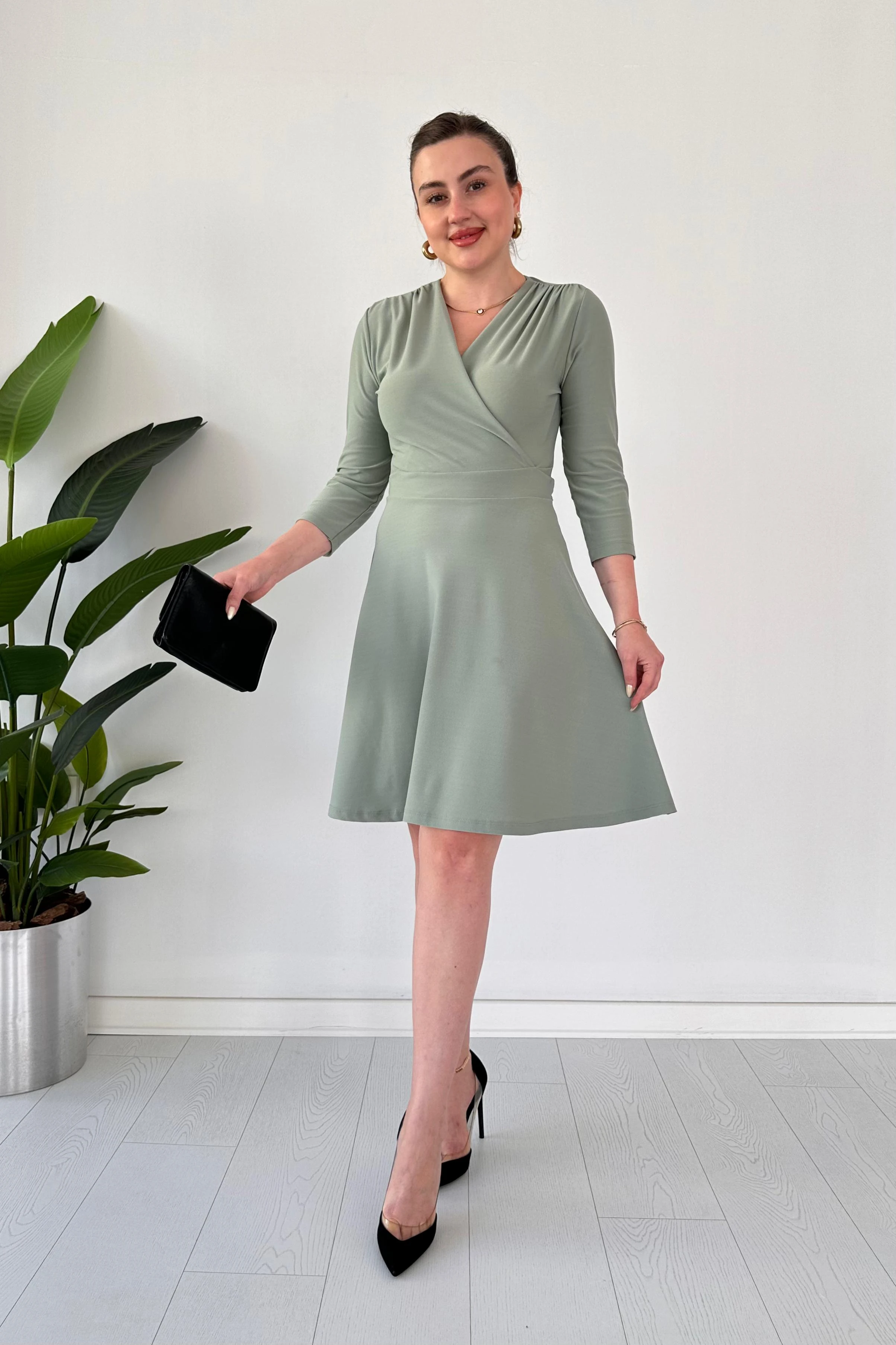 Omuz Drape Krep Elbise