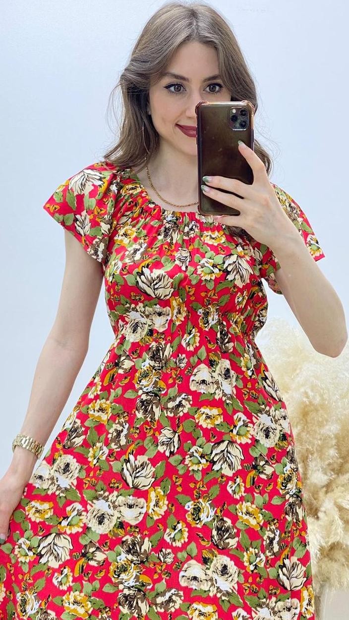 Madonna Bej Güllü Elbise Kırmızı