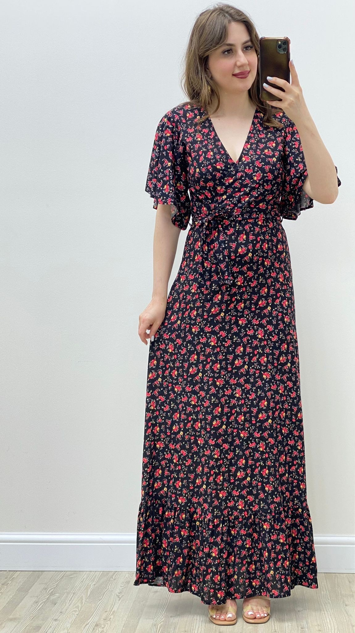 Kırmızılı Maksi Viskon Elbise Siyah