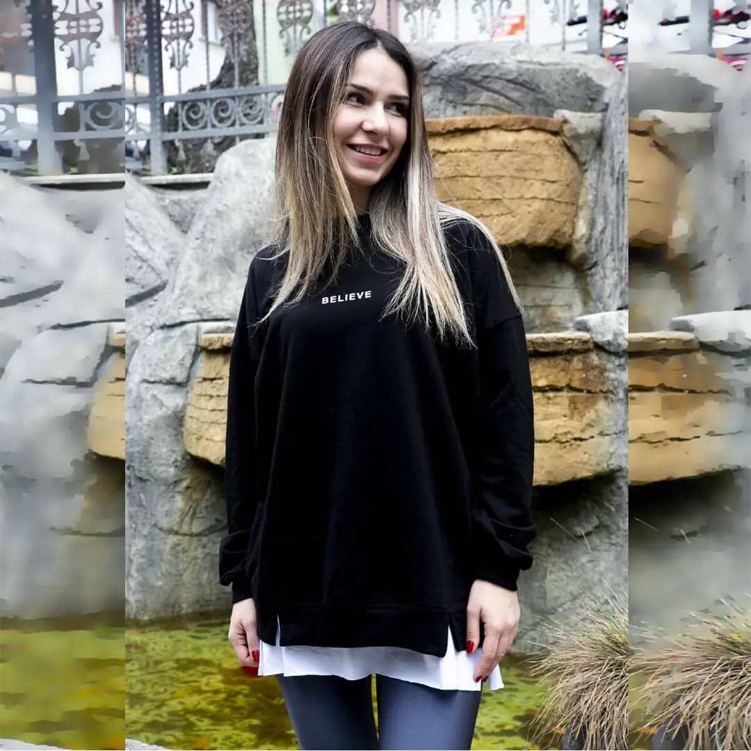 Baskılı Slogan Believe Sweat Siyah · 2