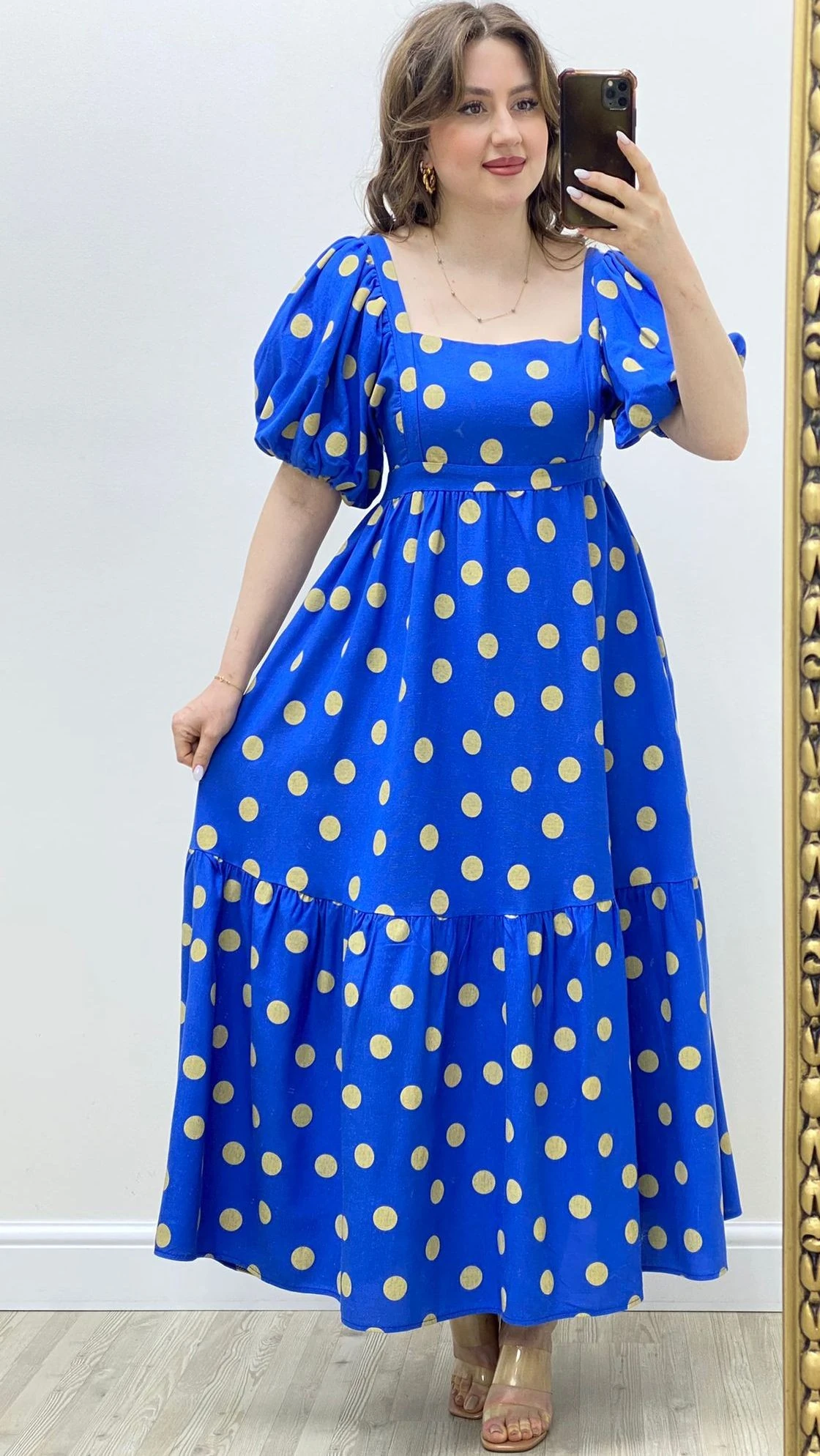 Puantiyeli Keten Elbise Mavi