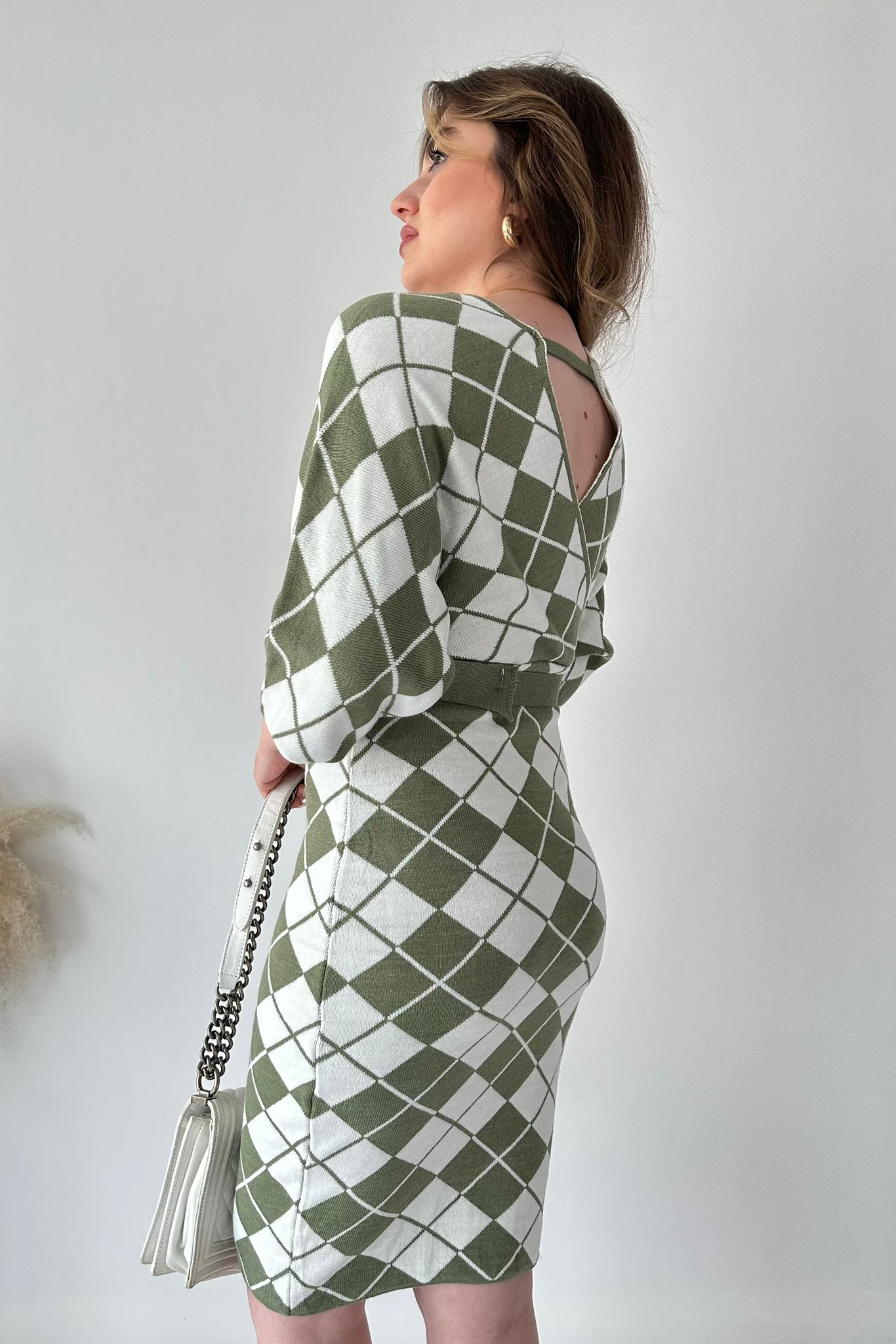 Kruvaze Ekoseli Triko Elbise