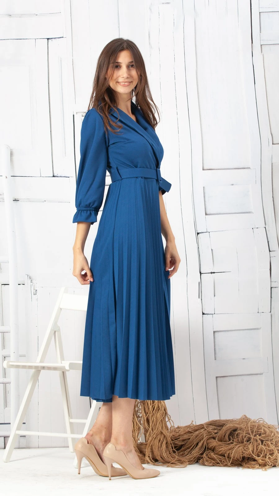 Kruvaze Piliseli Elbise - Lacivert