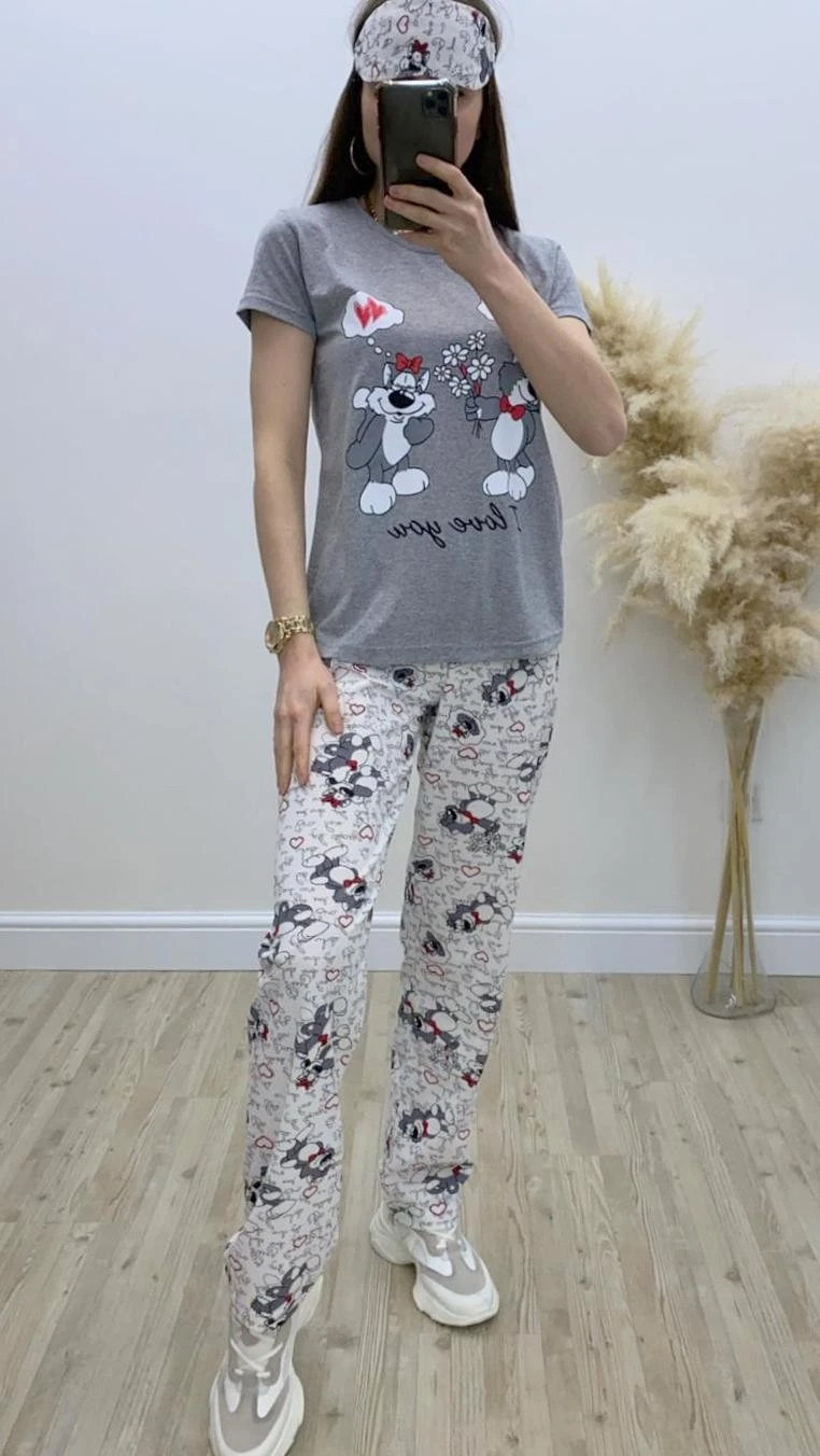 Kedili Pijama Takımı Gri