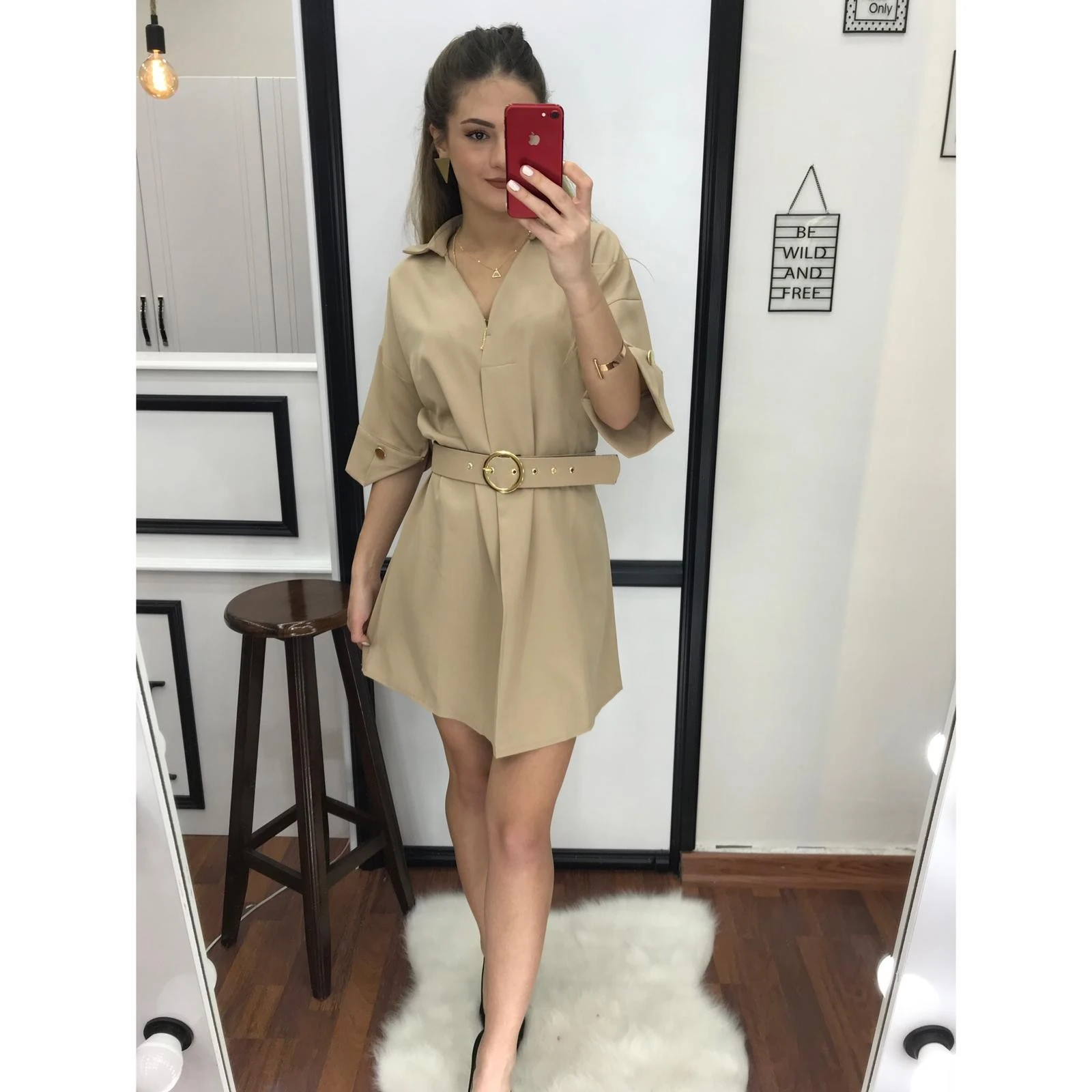 Kemerli Şık Elbise-Bej