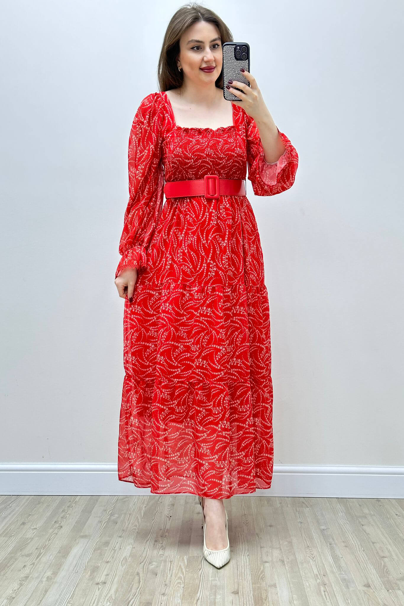 Gipeli Tomurcuk Şifon Elbise Nar Çiceği