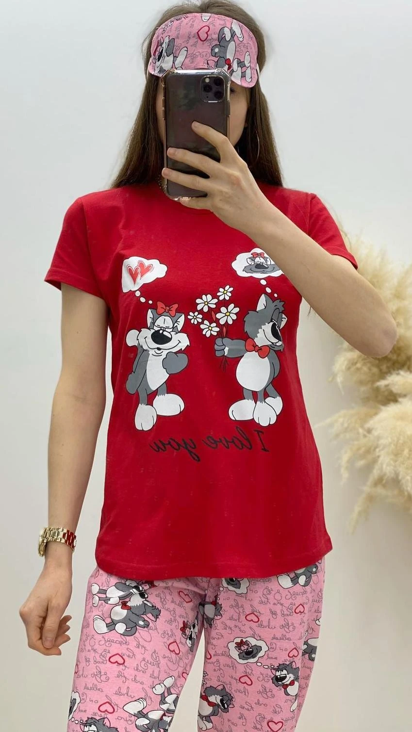 Kedili Pijama Takımı Pembe