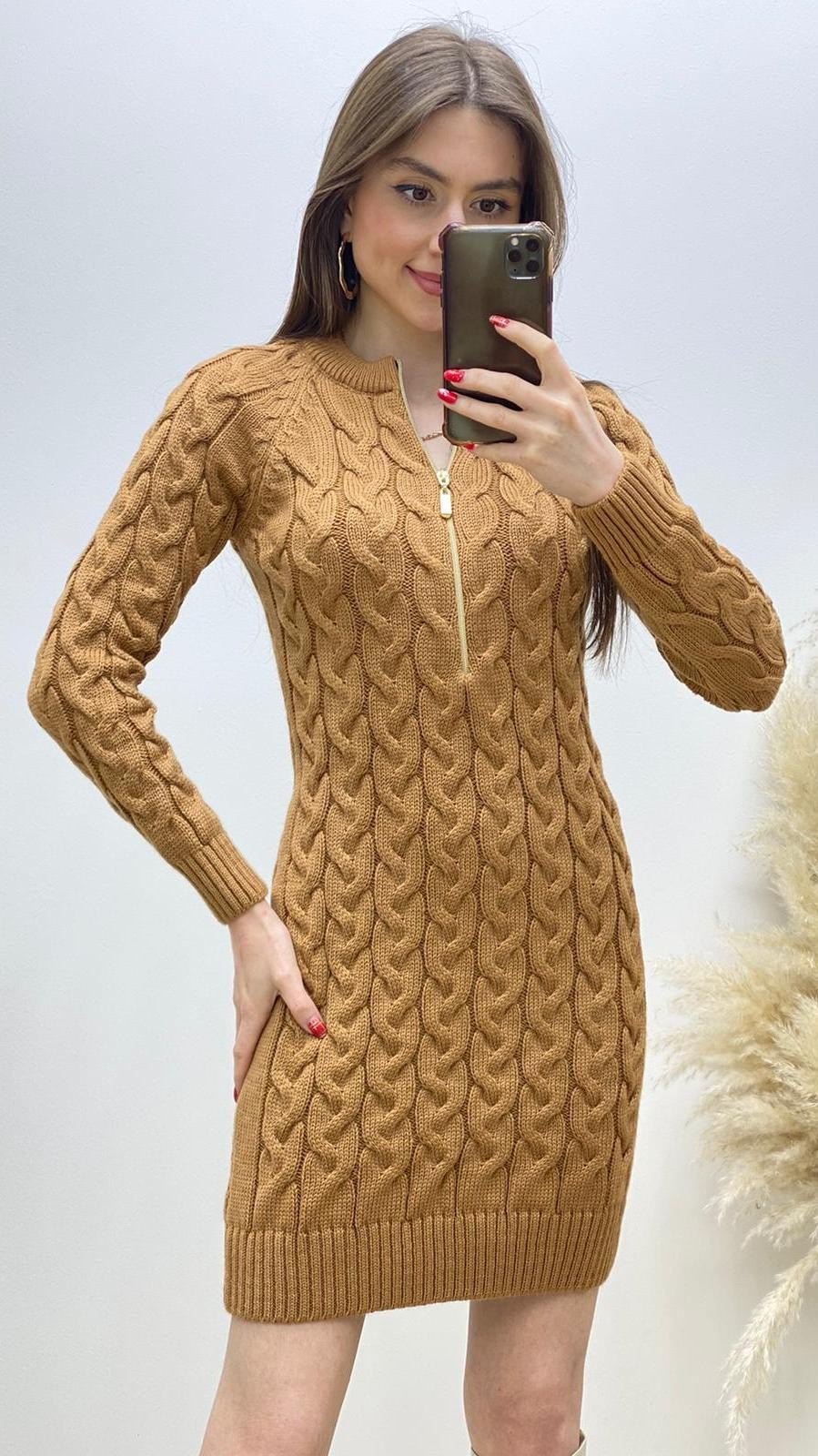 Saç Örgü Fermuar Detaylı Triko Elbise Taba