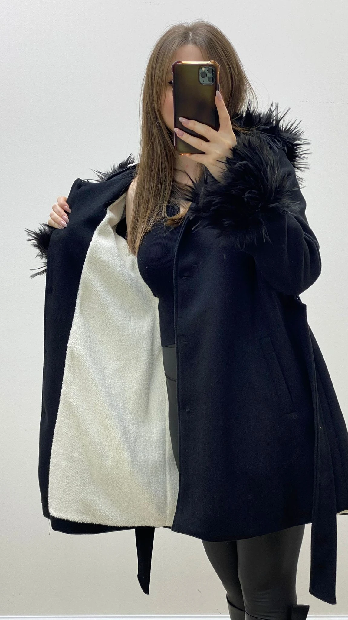 Kürklü Kaşe Kaban Siyah