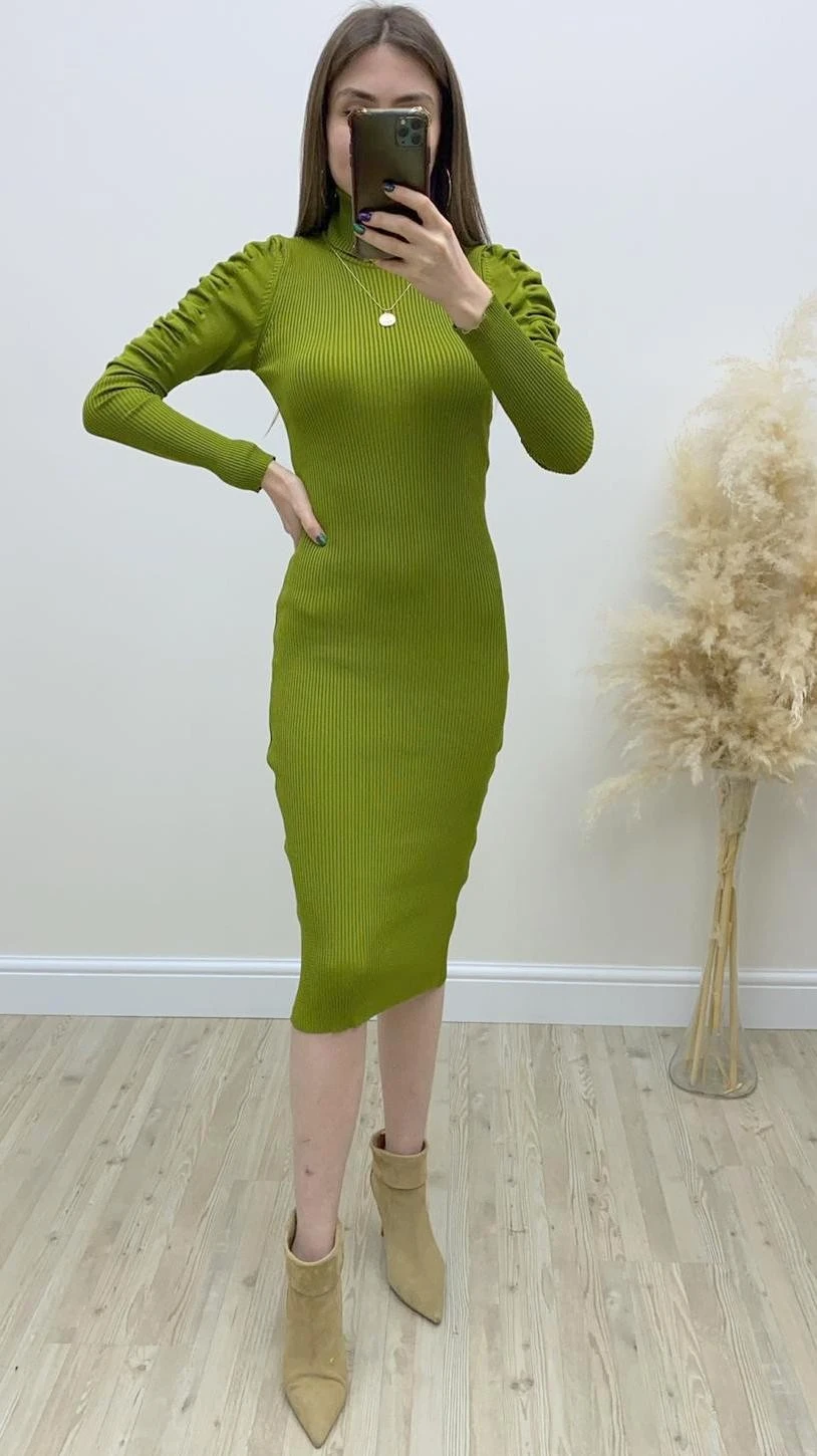 Kolu Drapeli Balıkçı Triko Elbise Yeşil