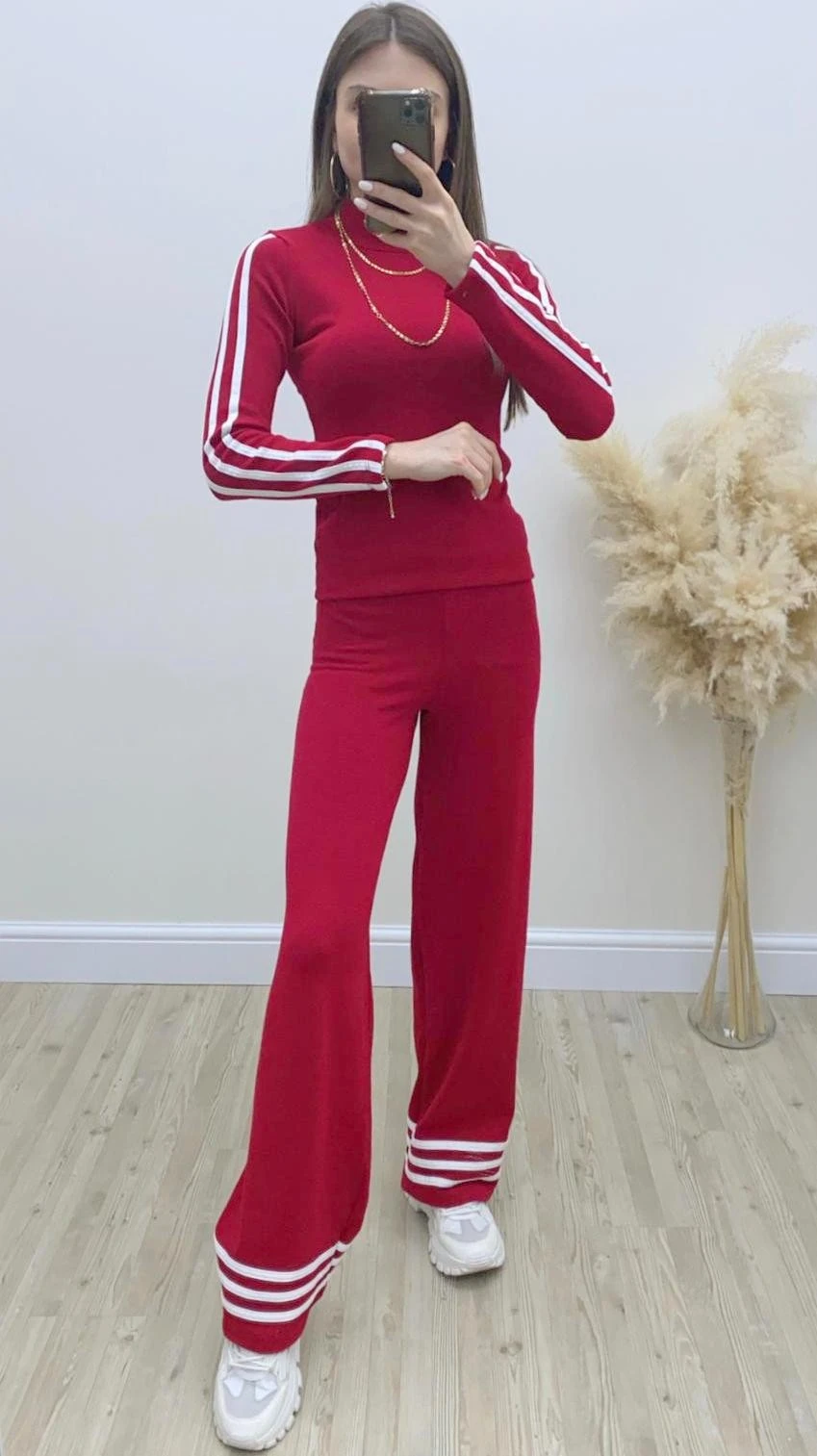 Üç Çizgili Triko Takım Kırmızı
