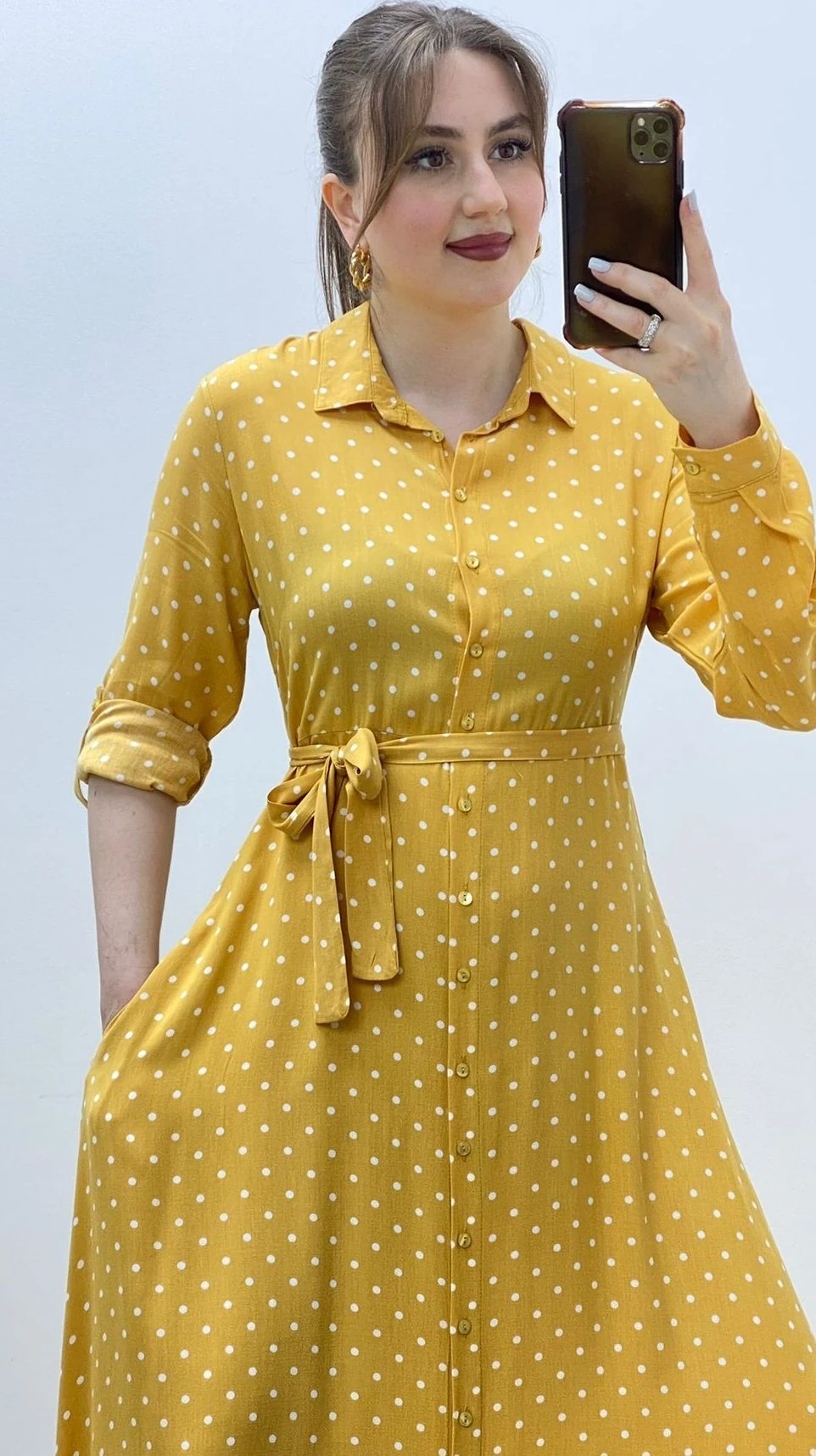 Maksi Puantiye Gömlek Elbise Sarı