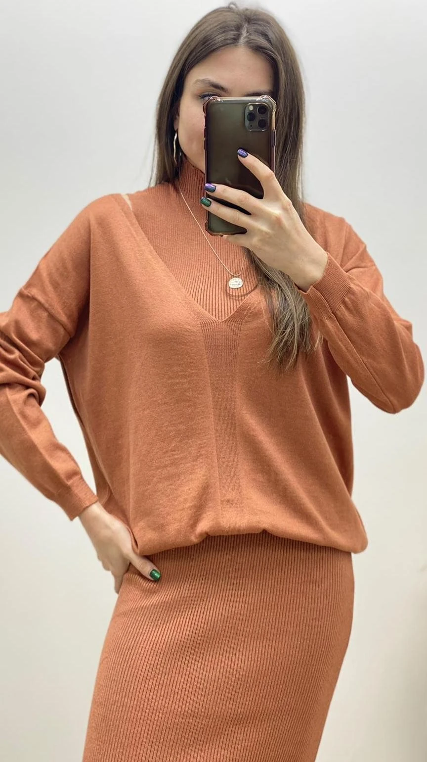 Kazaklı Kolsuz Triko Elbise Kiremit