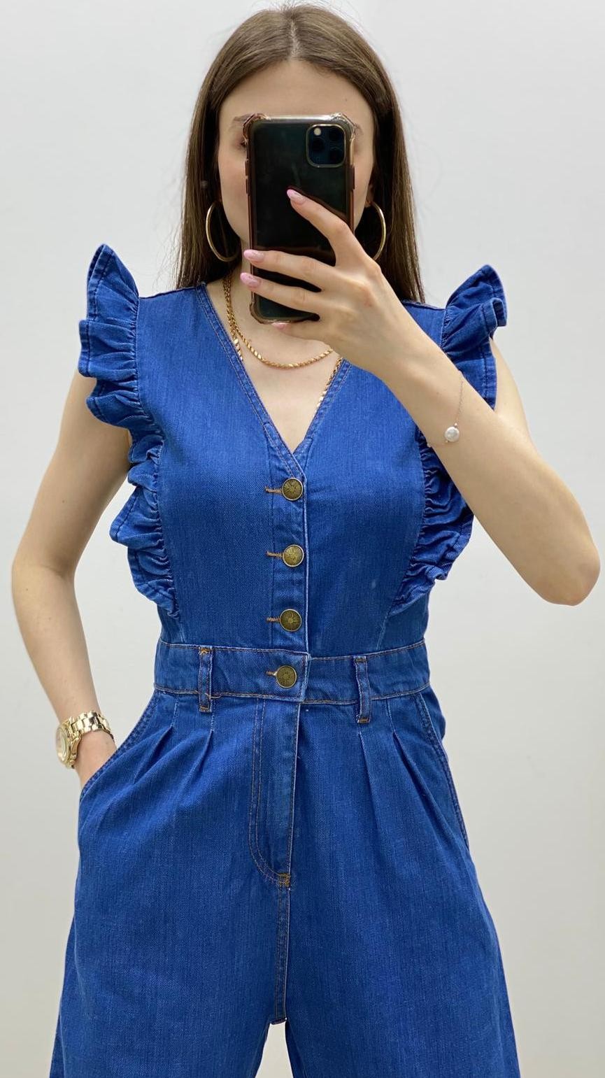 Fırfır Omuz Jean Tulum Lacivert