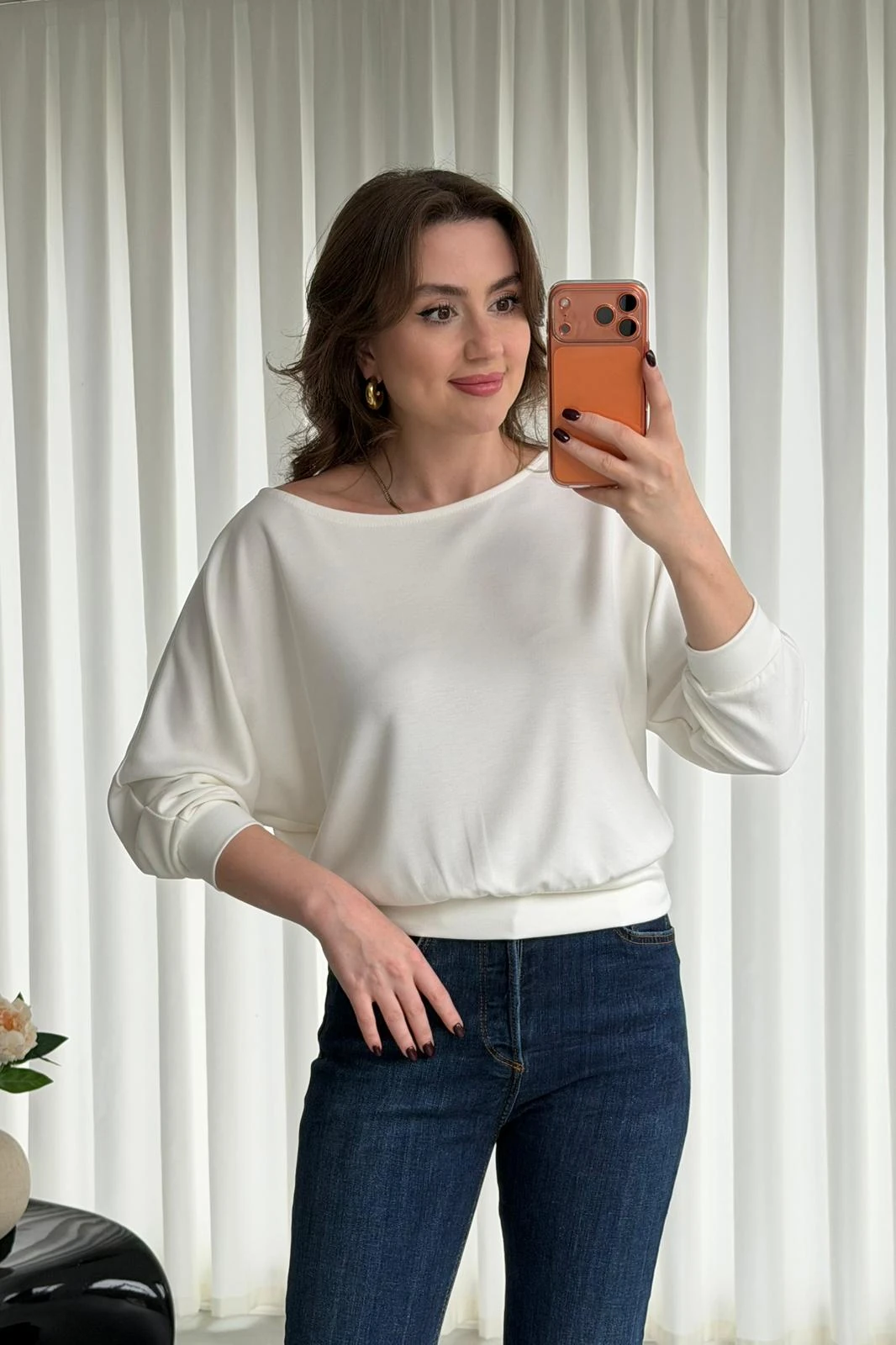 Düşük Kol Bluz - Ekru