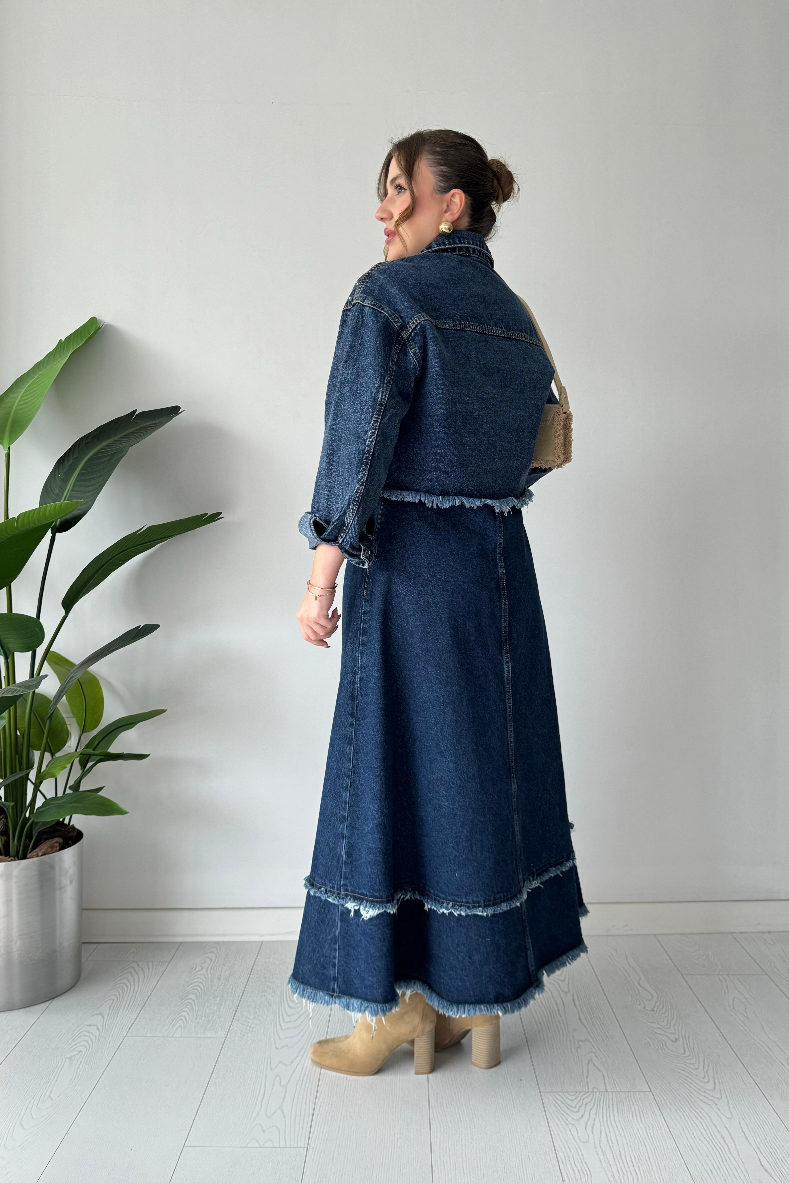 Midi Kloş Denim Etek