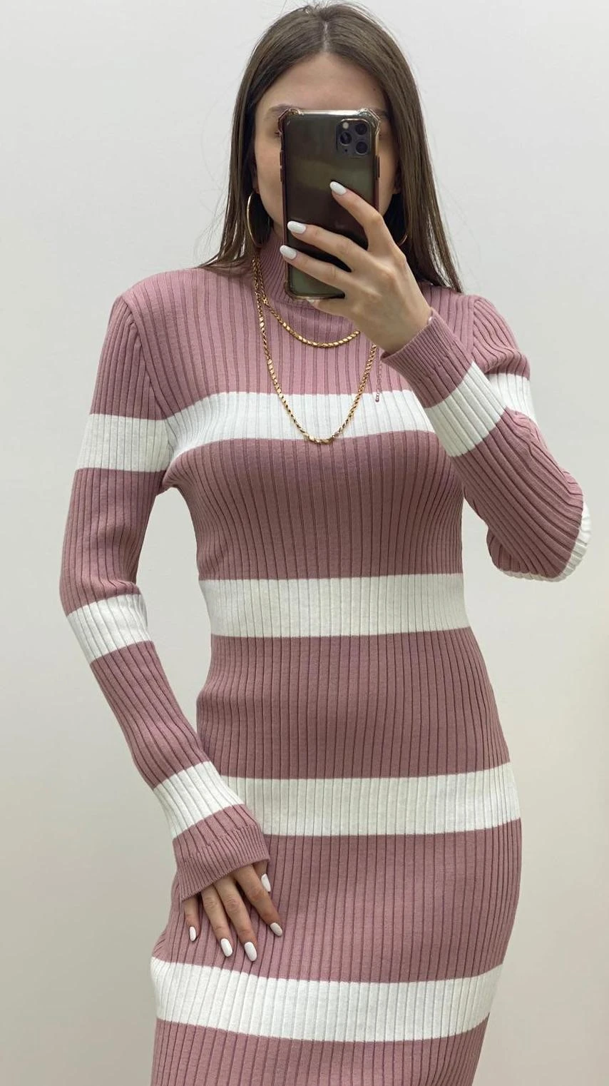 Yarım Balıkçıl Çizgili Triko Elbise Pudra