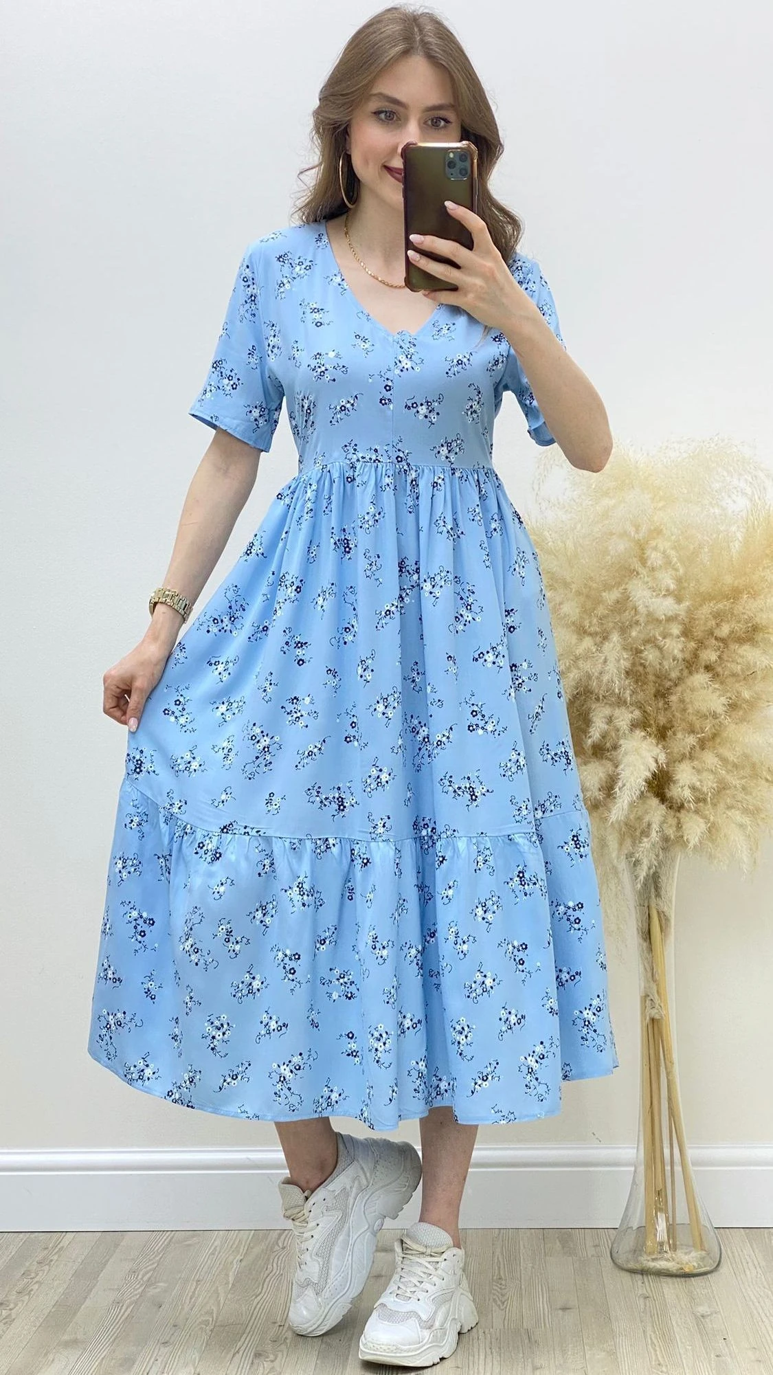 Kır Papatyalı Viskon Elbise Mavi