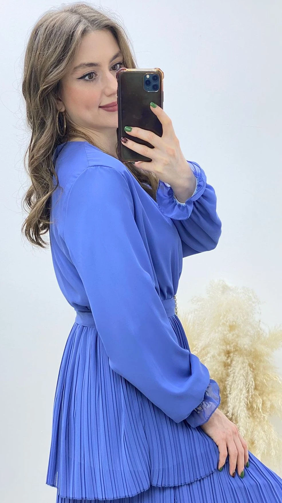 Katlı Piliseli Maksi Şifon Elbise Mavi