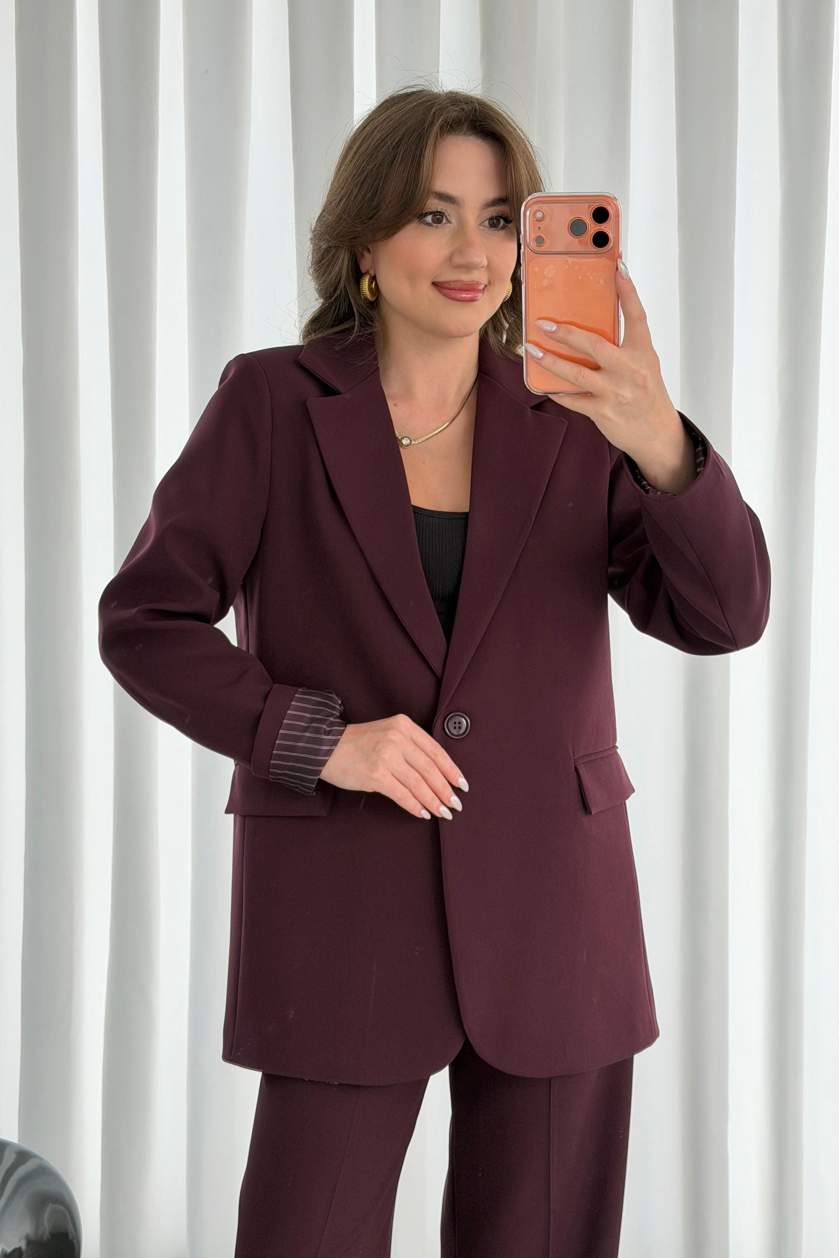 Çizgi Astarlı Blazer Ceket - Bordo