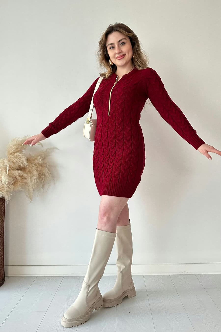 Saç Örgü Fermuar Detaylı Triko Elbise