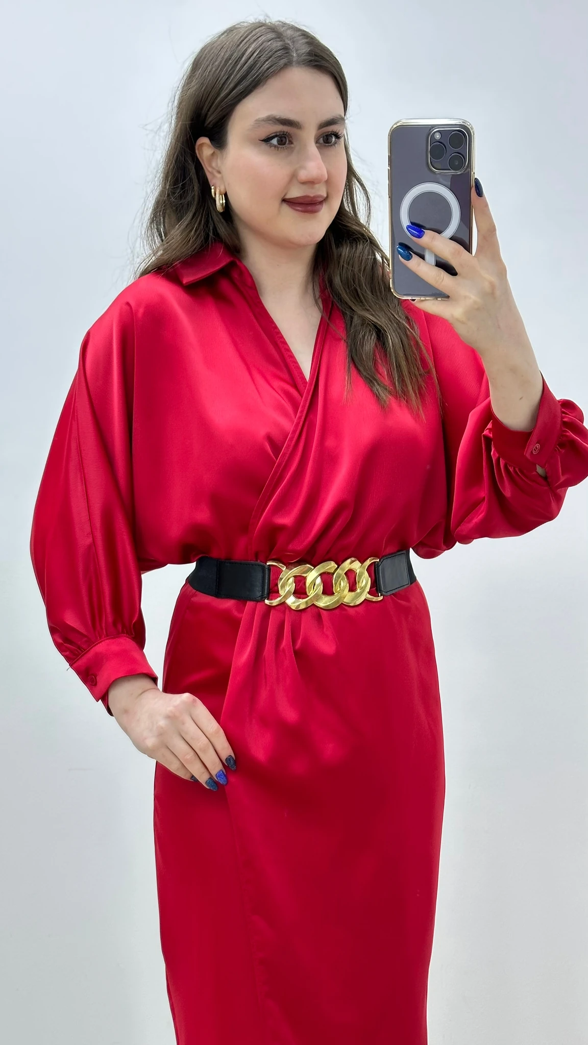 Yarasa Kol Saten Elbise Kırmızı