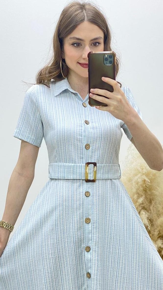 İnce Çizgili Gömlek Elbise Mavi
