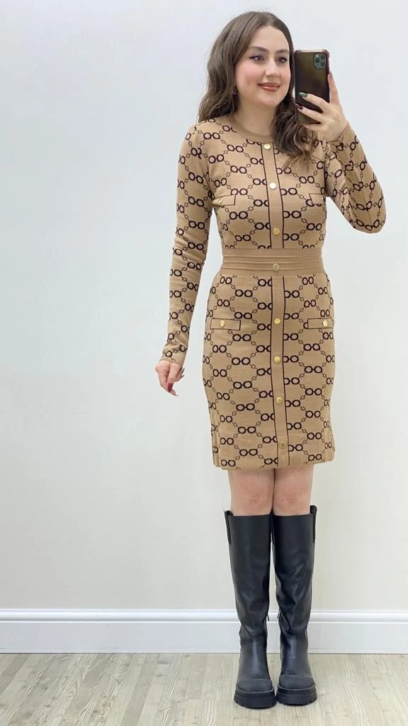 Çift Halka Triko Elbise Bej