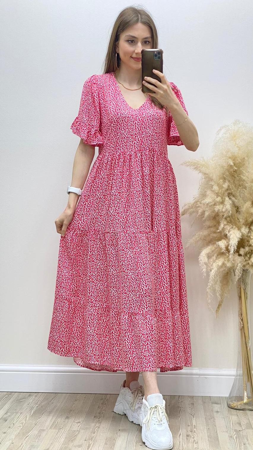Yaprak Desen Viskon Elbise Kırmızı