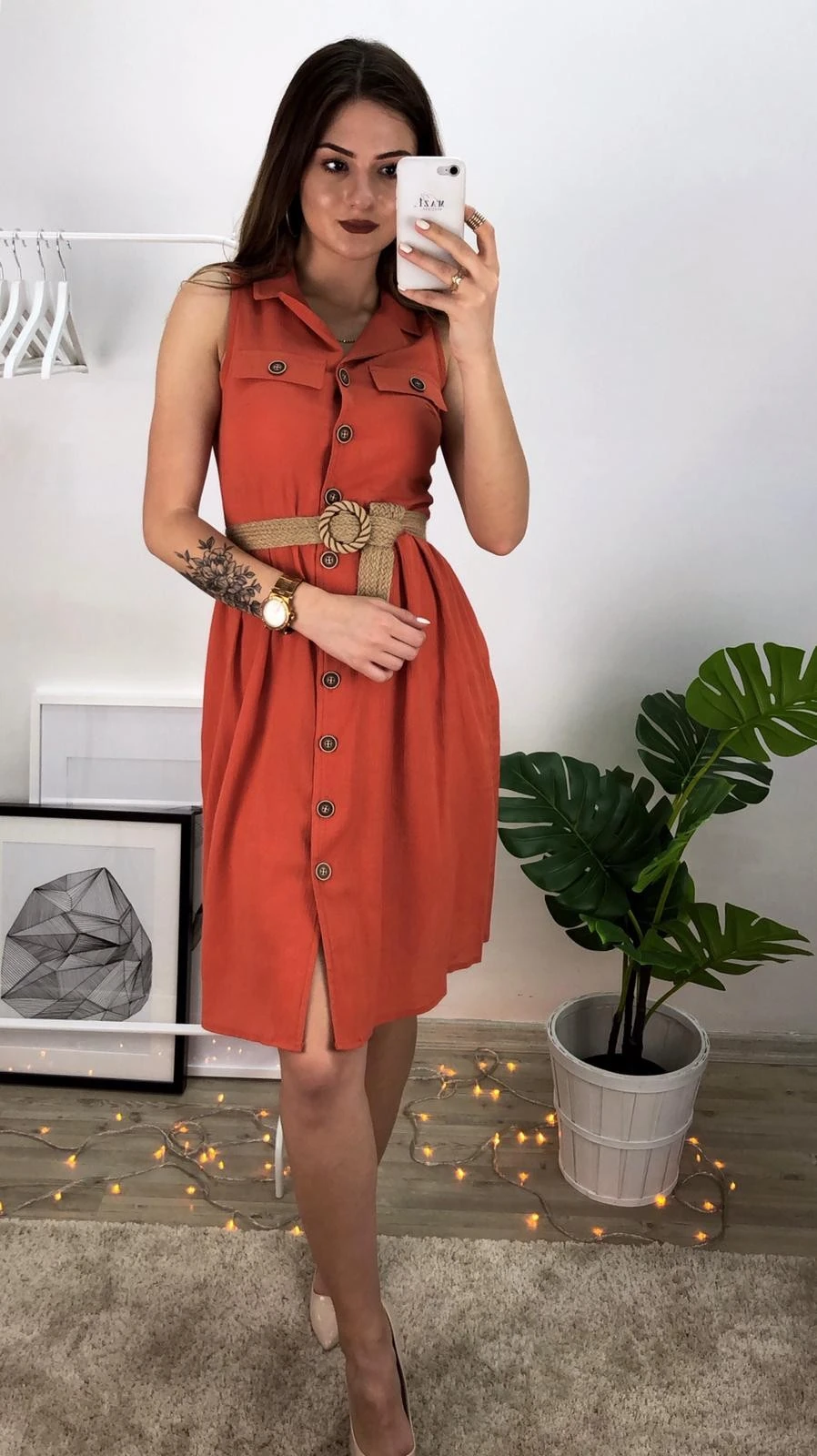 Çift Cep Kolsuz Elbise-Kiremit