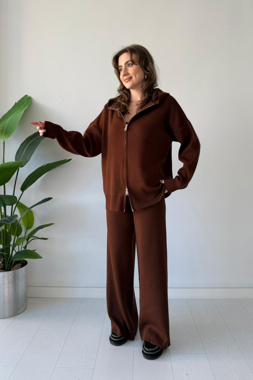 Çift Fermuarlı Triko Takım - Kahve