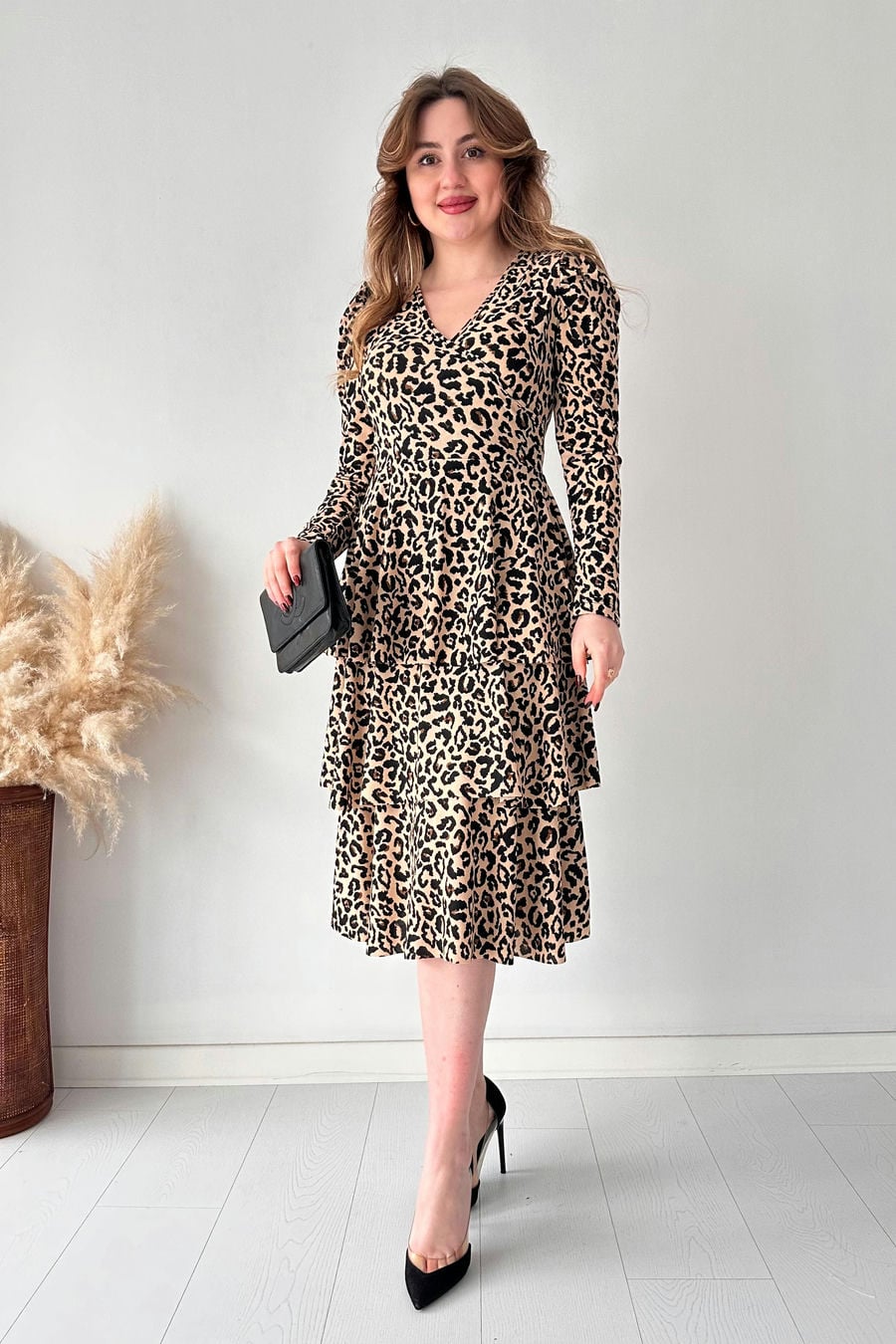 Katlı Leopar Krep Elbise