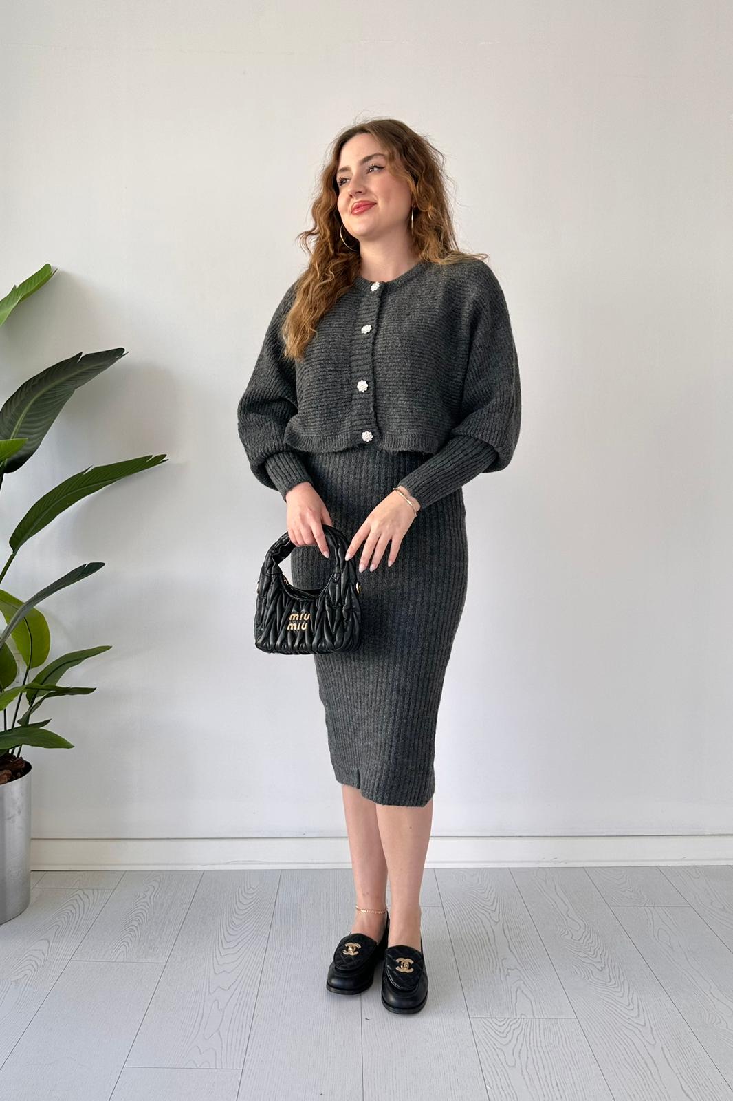 Taş Düğmeli Hırka-Elbise Takım - Antrasit