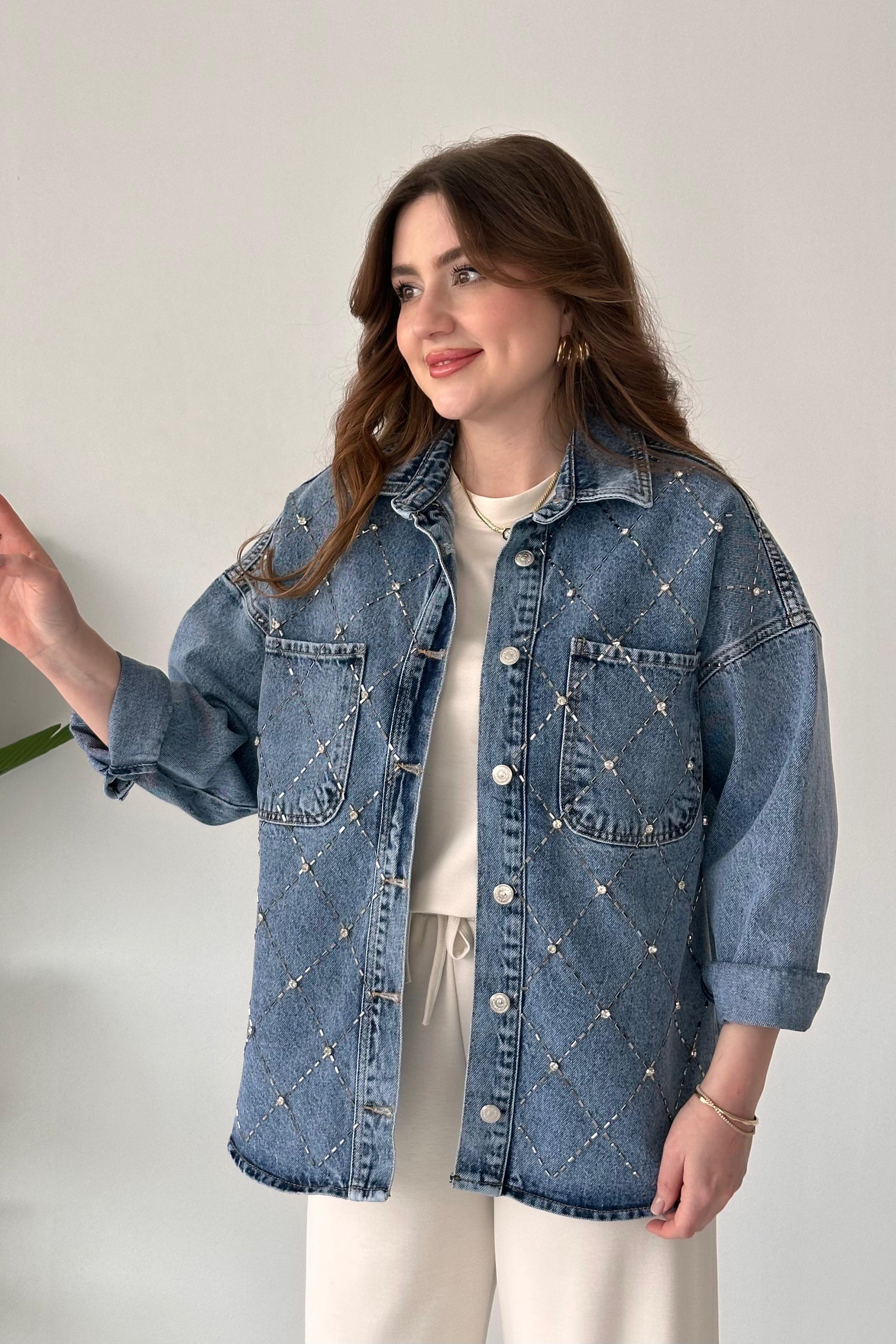 Çapraz Taşlı Denim Ceket