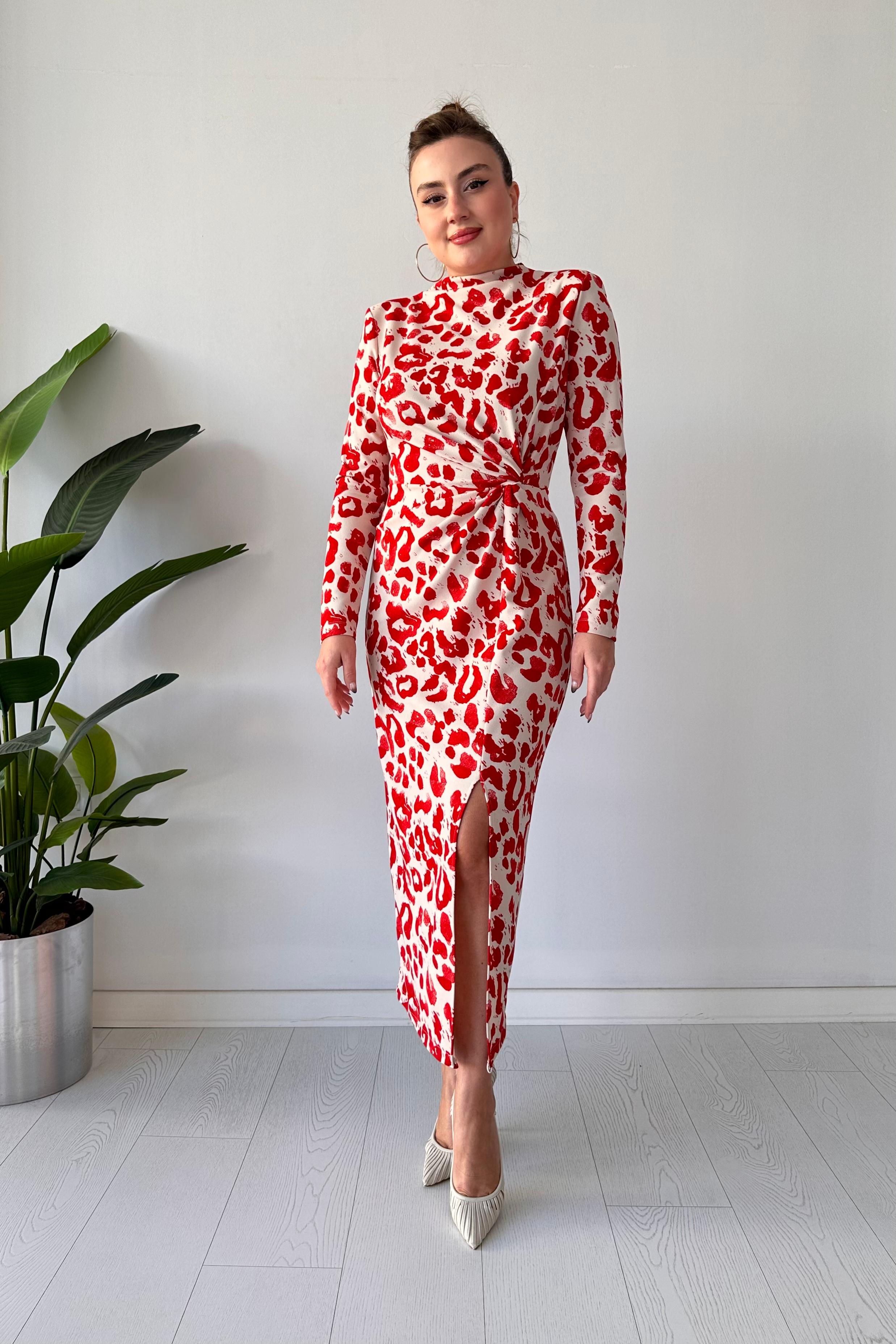 Uzun Kol Leopar Krep Elbise