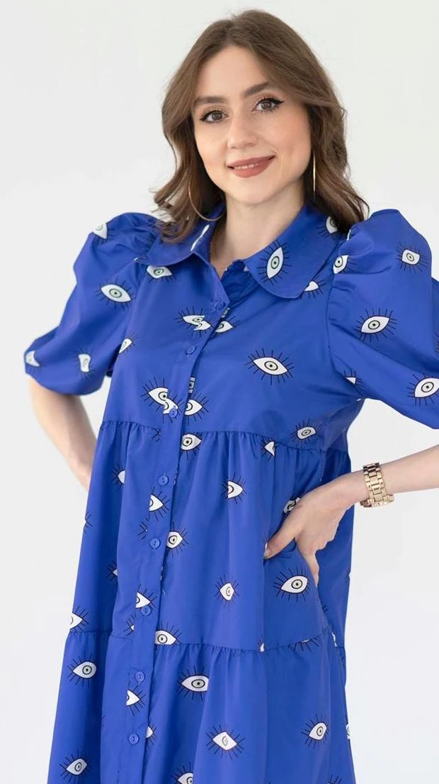 Göz Desen Gömlek Elbise Mavi
