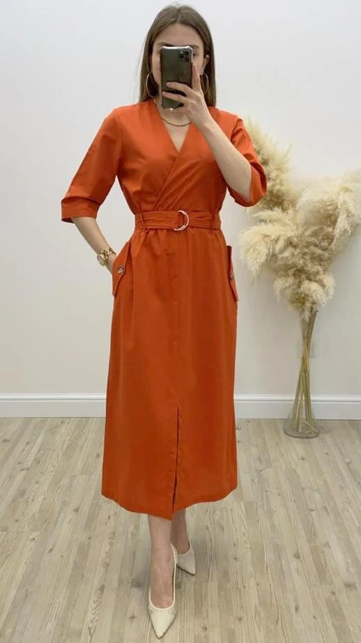 Yırtmaçlı Keten Elbise Kiremit