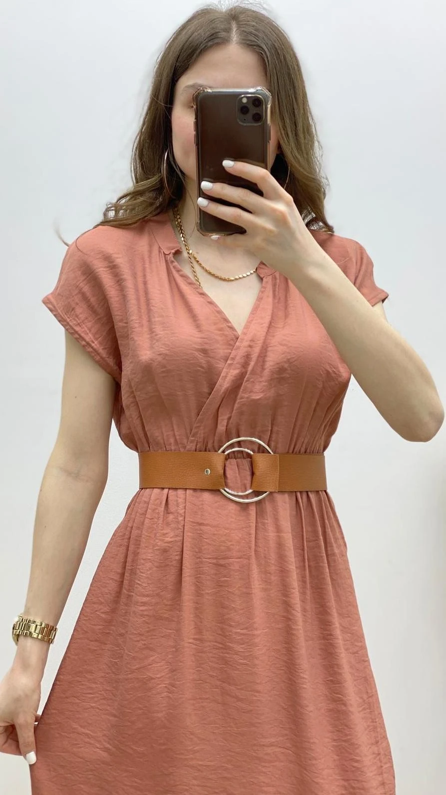 Taba Kemerli Volanlı Elbise Pudra