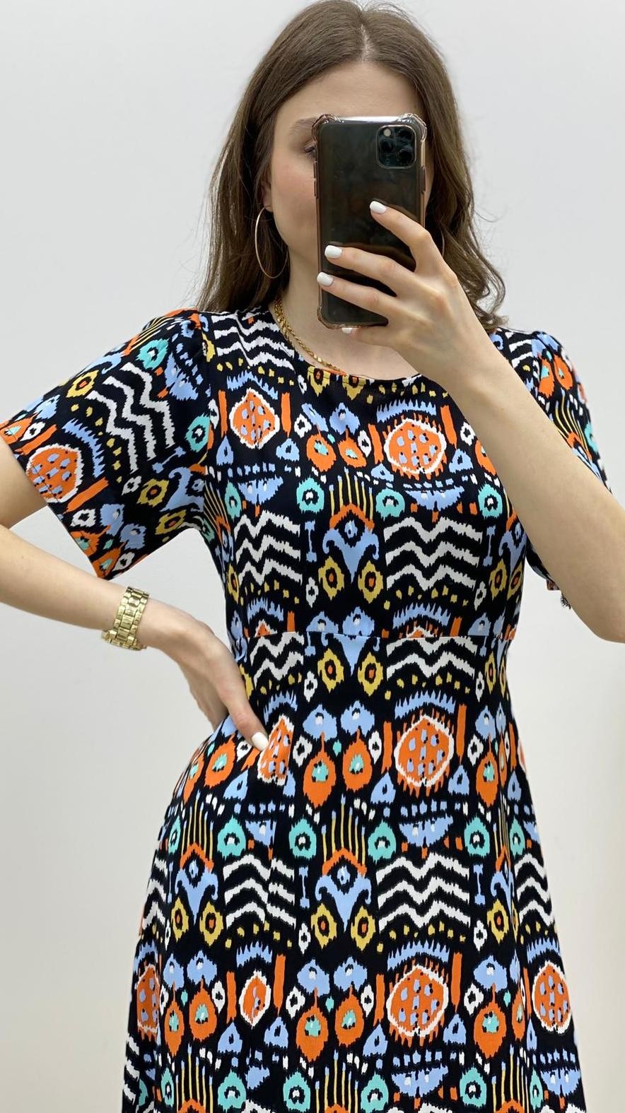 Aztek Desen Yırtmaçlı Viskon Elbise