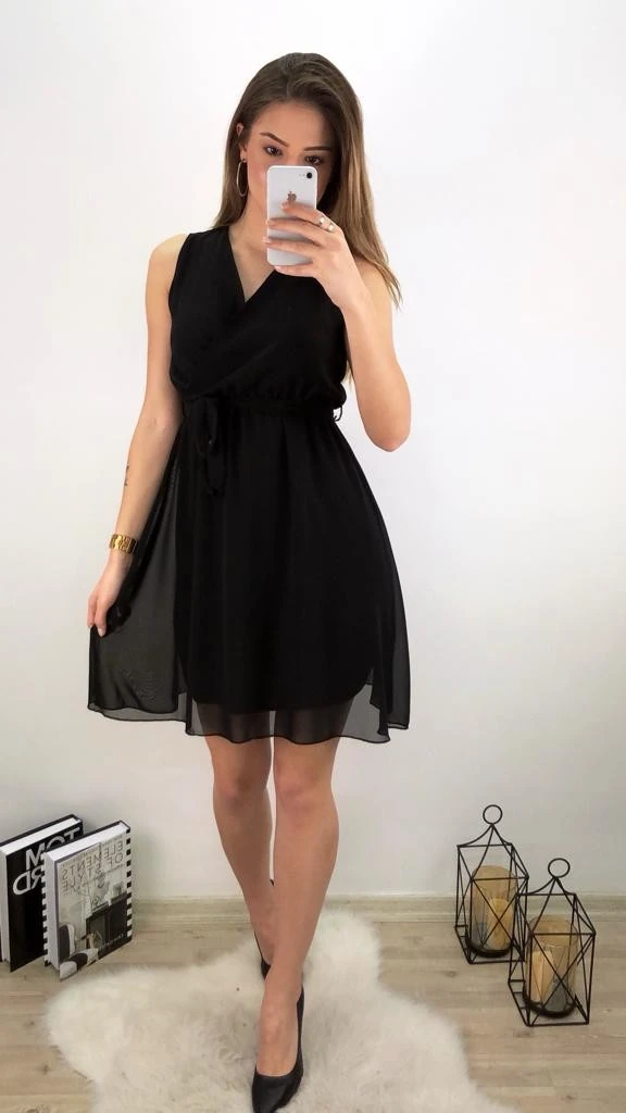 Kruvaze Mini Şifon Elbise-Siyah