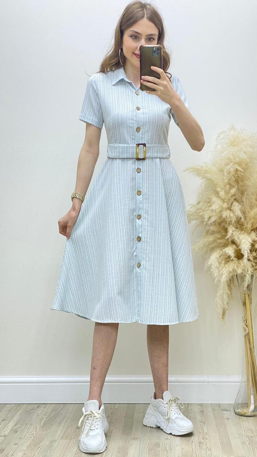 İnce Çizgili Gömlek Elbise Mavi