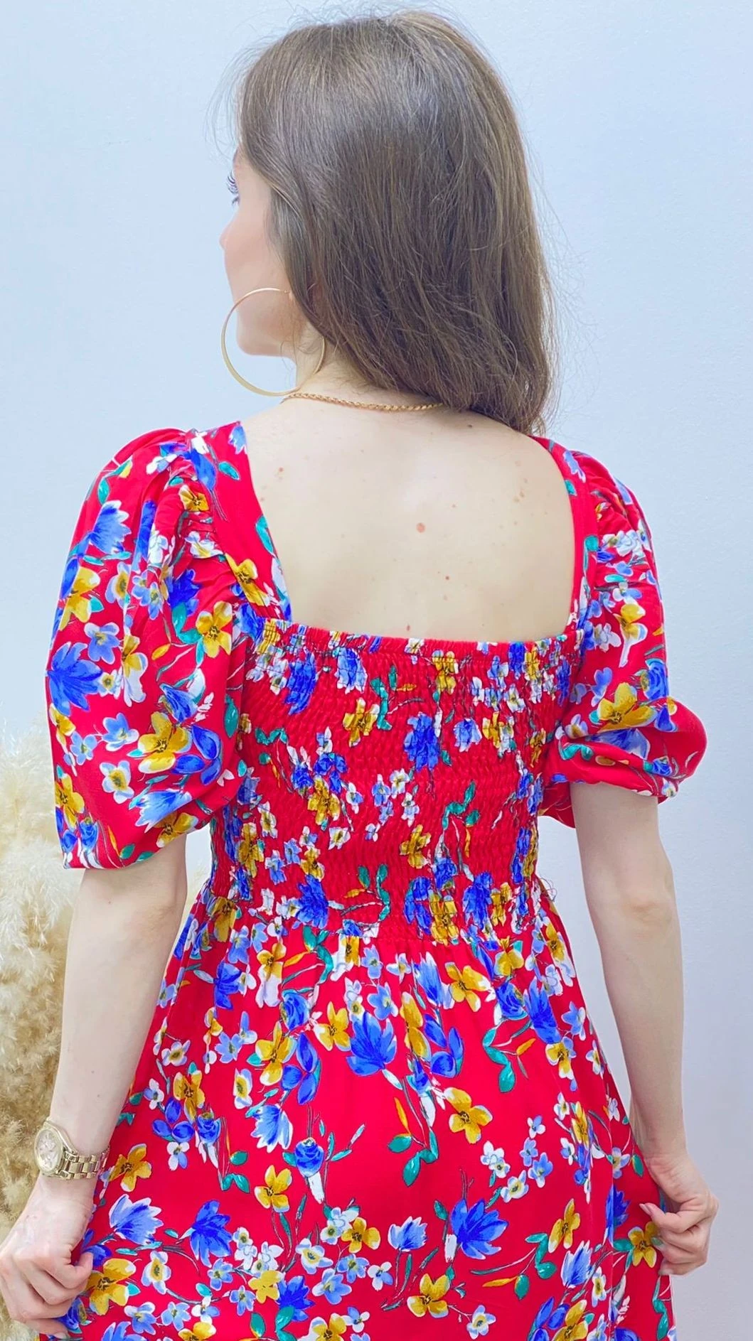 Mavi Çiçekli Gipeli Viskon Elbise Kırmızı