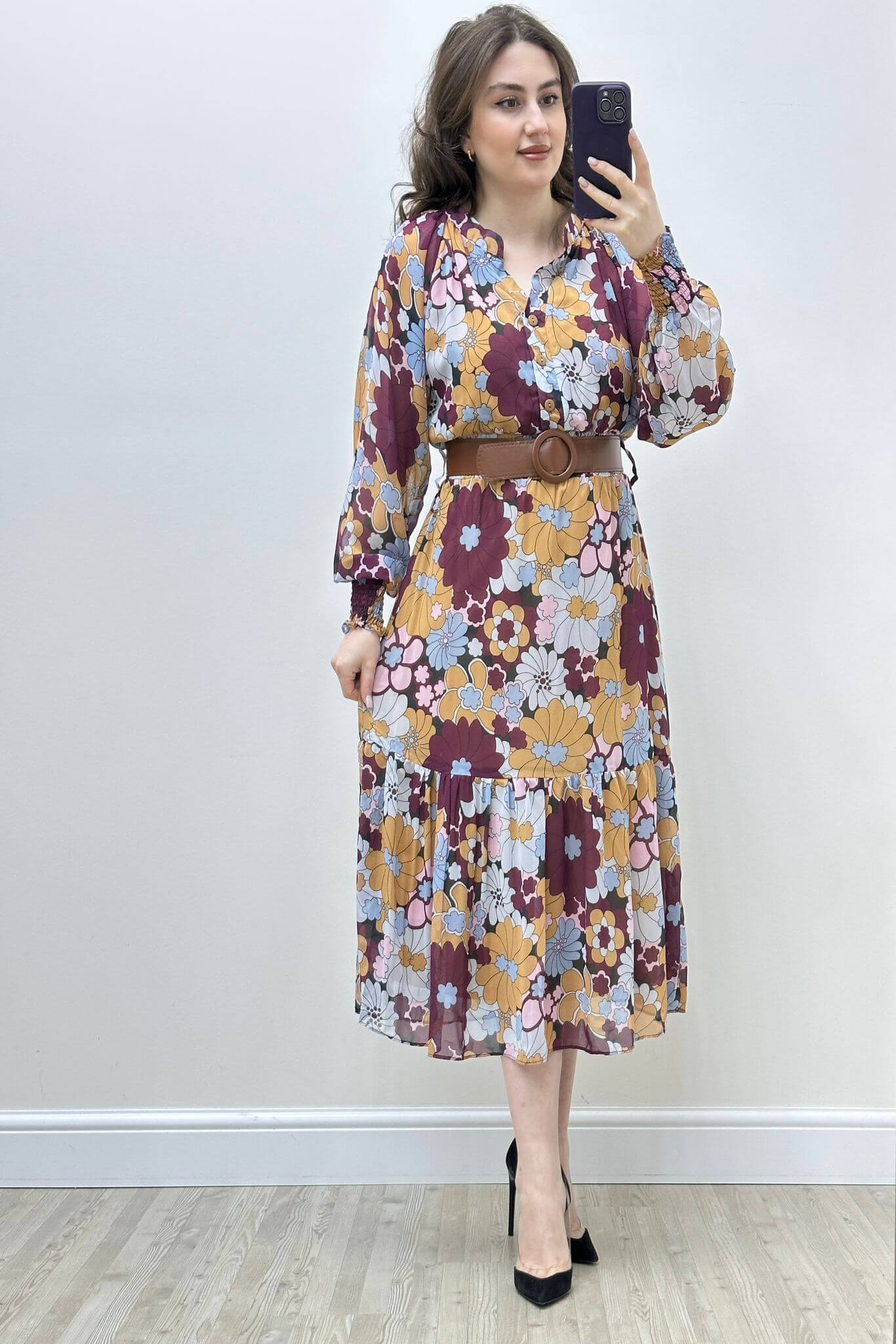 Lilyum Kemerli Şifon Elbise Kahverengi