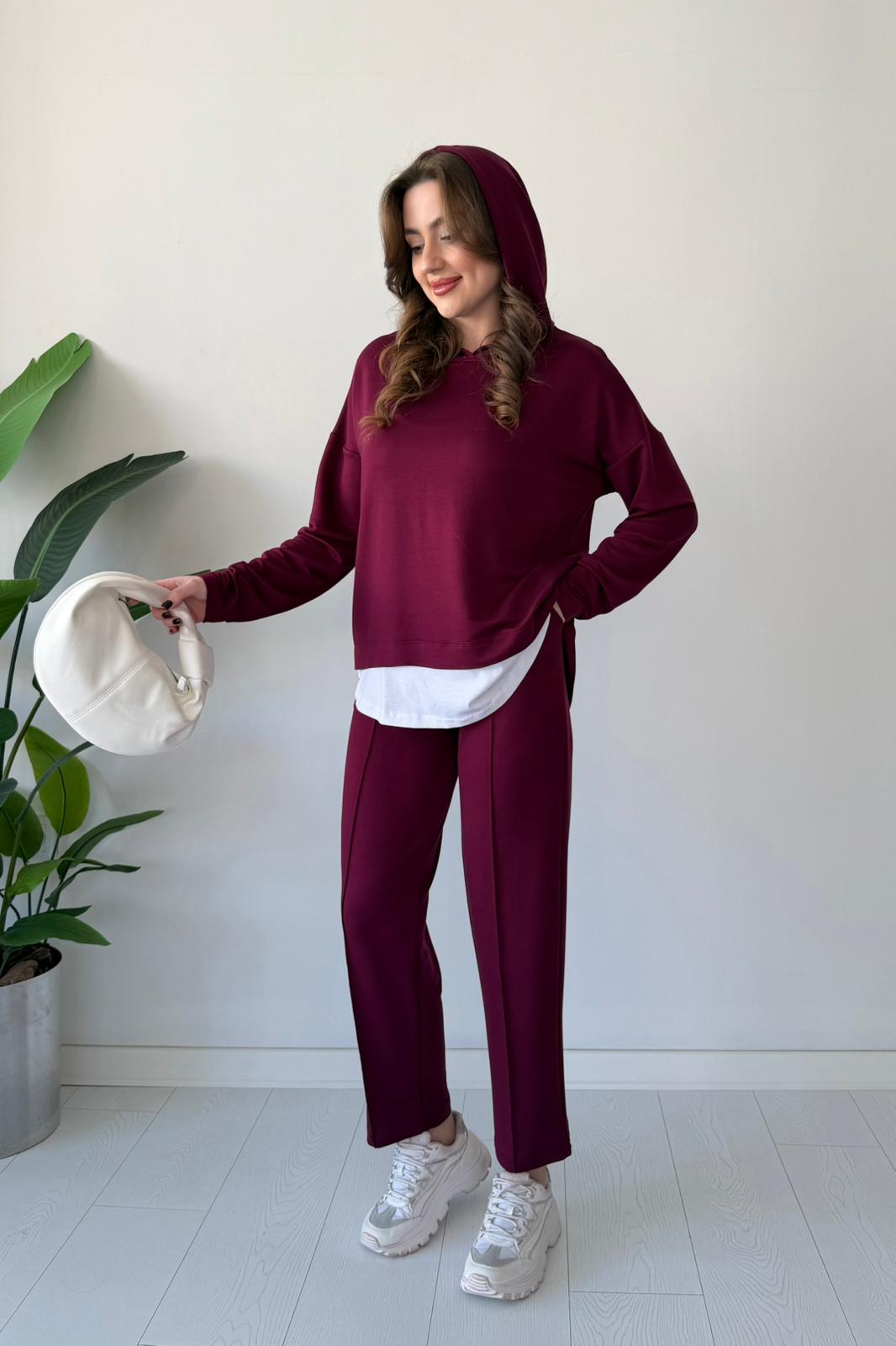 Kapşonlu Tshirt Detay İkili Takım - Bordo