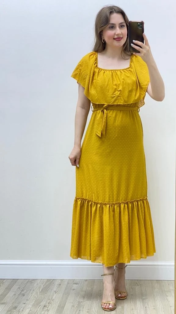 Kabarcık Puanlı Madonna Elbise Hardal