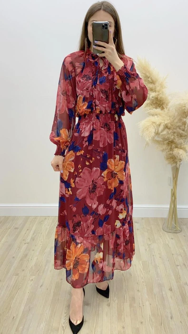 Zambak Desen Gipeli Şifon Elbise Bordo