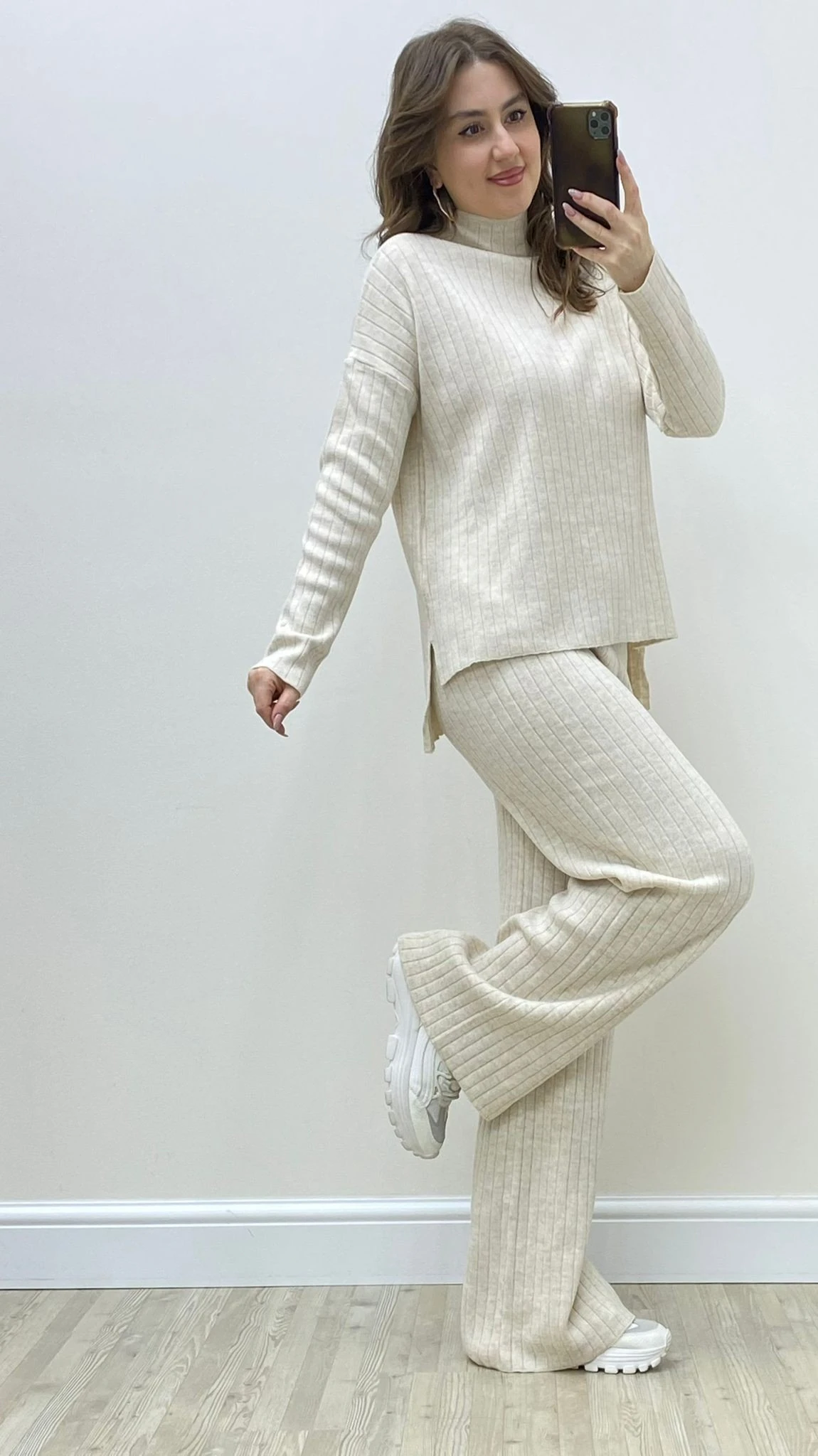 Fitilli Triko Takım Krem