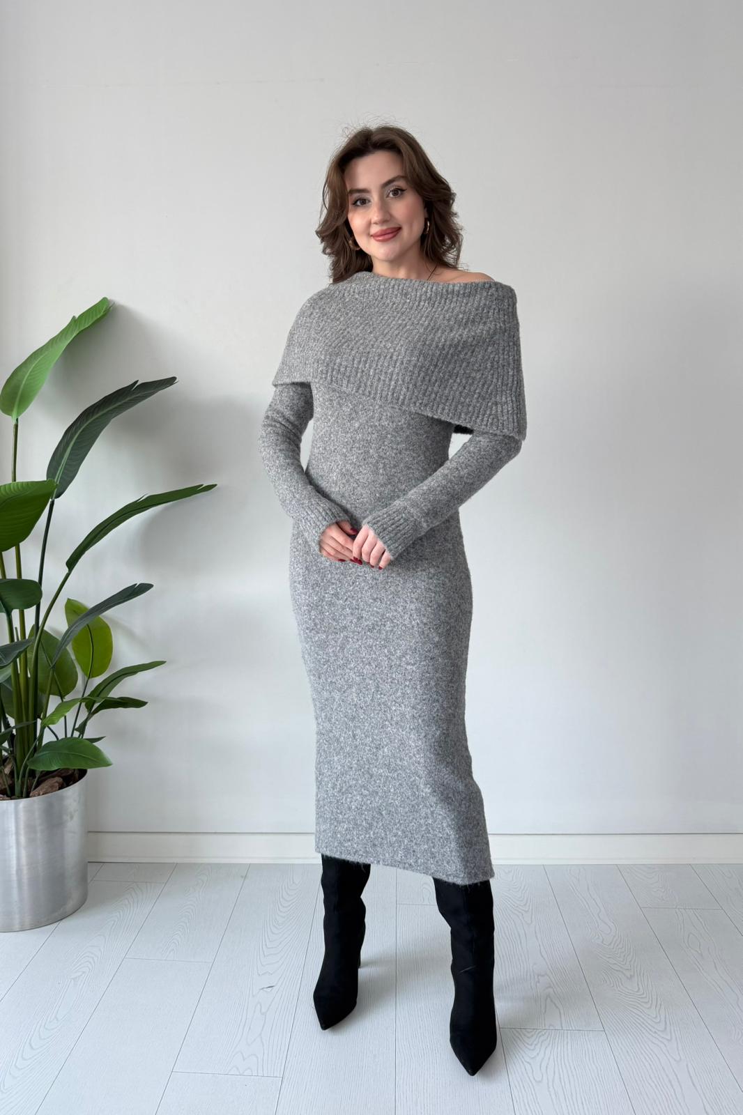 Düşük Omuz Triko Elbise - Gri