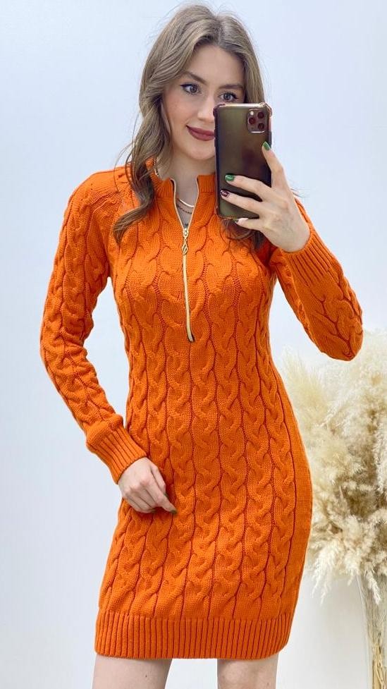 Saç Örgü Fermuar Detaylı Triko Elbise Turuncu