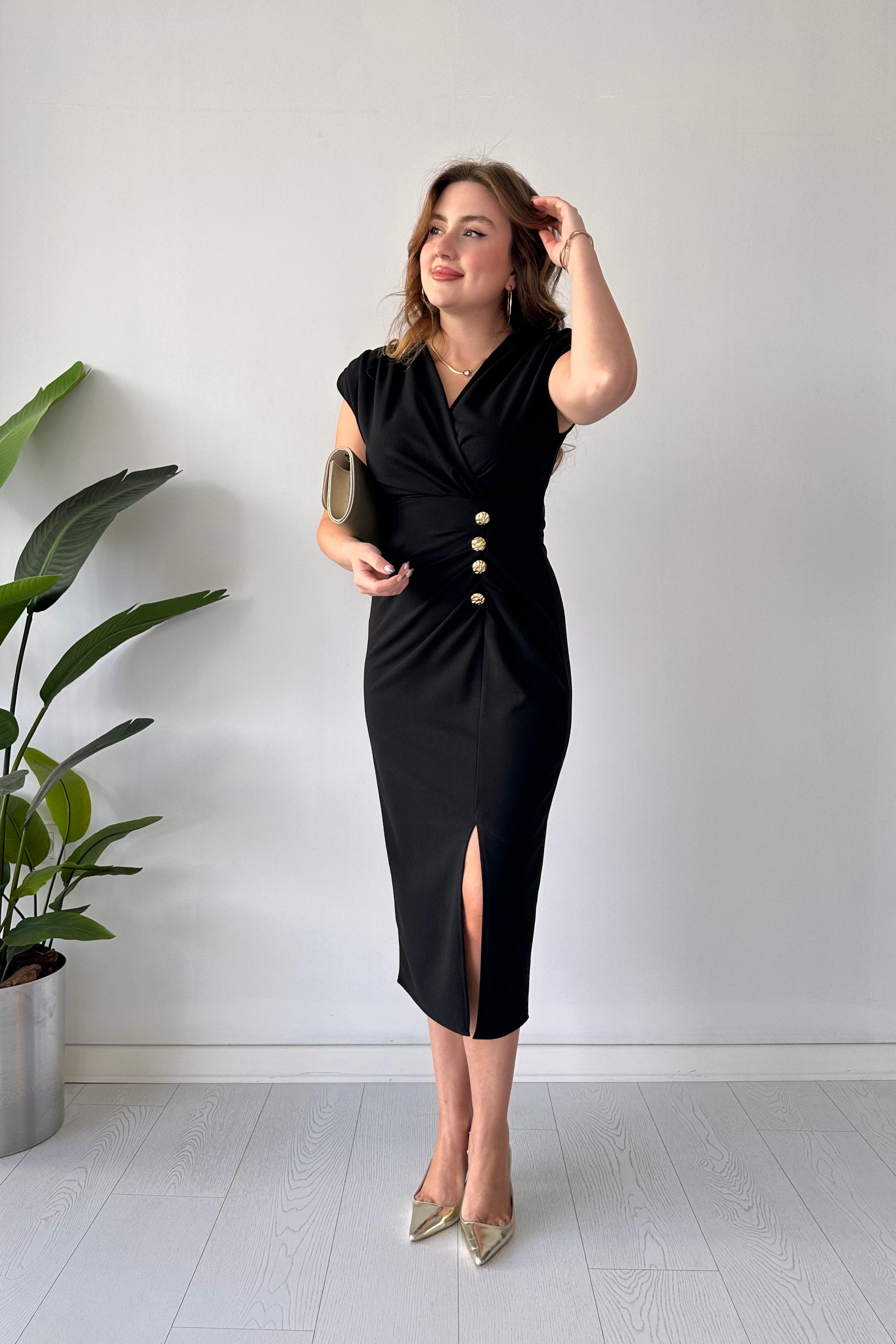 4 Düğmeli Krep Elbise